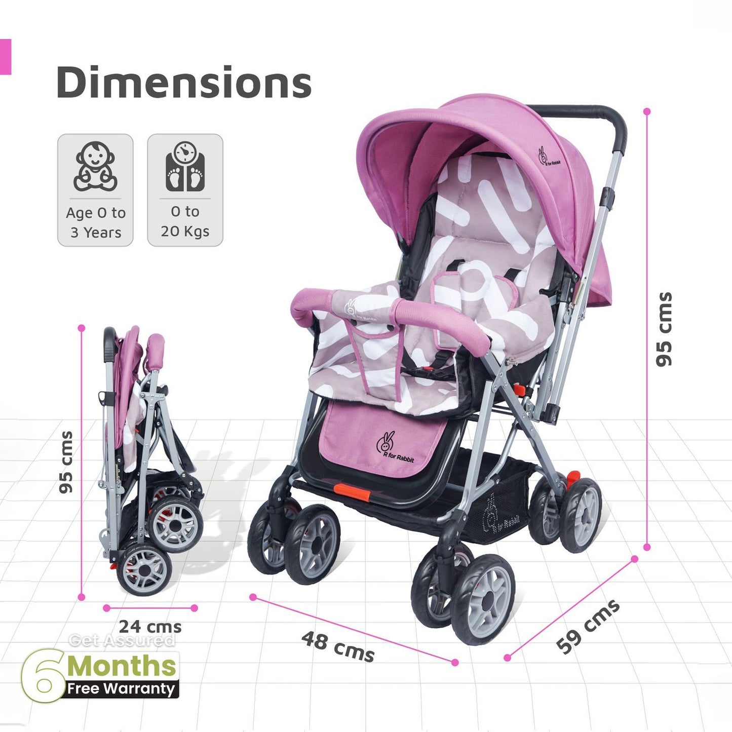 R for Rabbit Lollipop Lite Stroller - Travel Friendly, Easy To Fold, Reversible Handle, Wheel Lock, Adjustable Leg Rest Purple