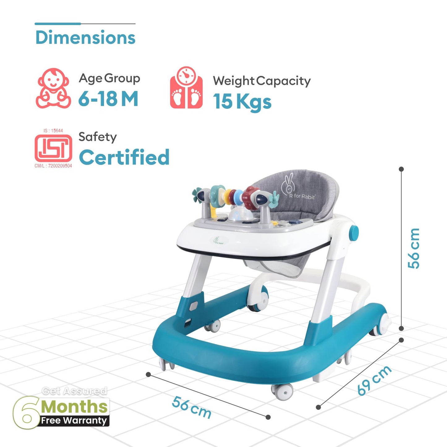 R for Rabbit Little Feet Walker - Detachable Toy Bar/Meal Tray With Music & Light, 2 Level Height/4 Level Seat Adjustment, Anti Fall Brake Pads Blue