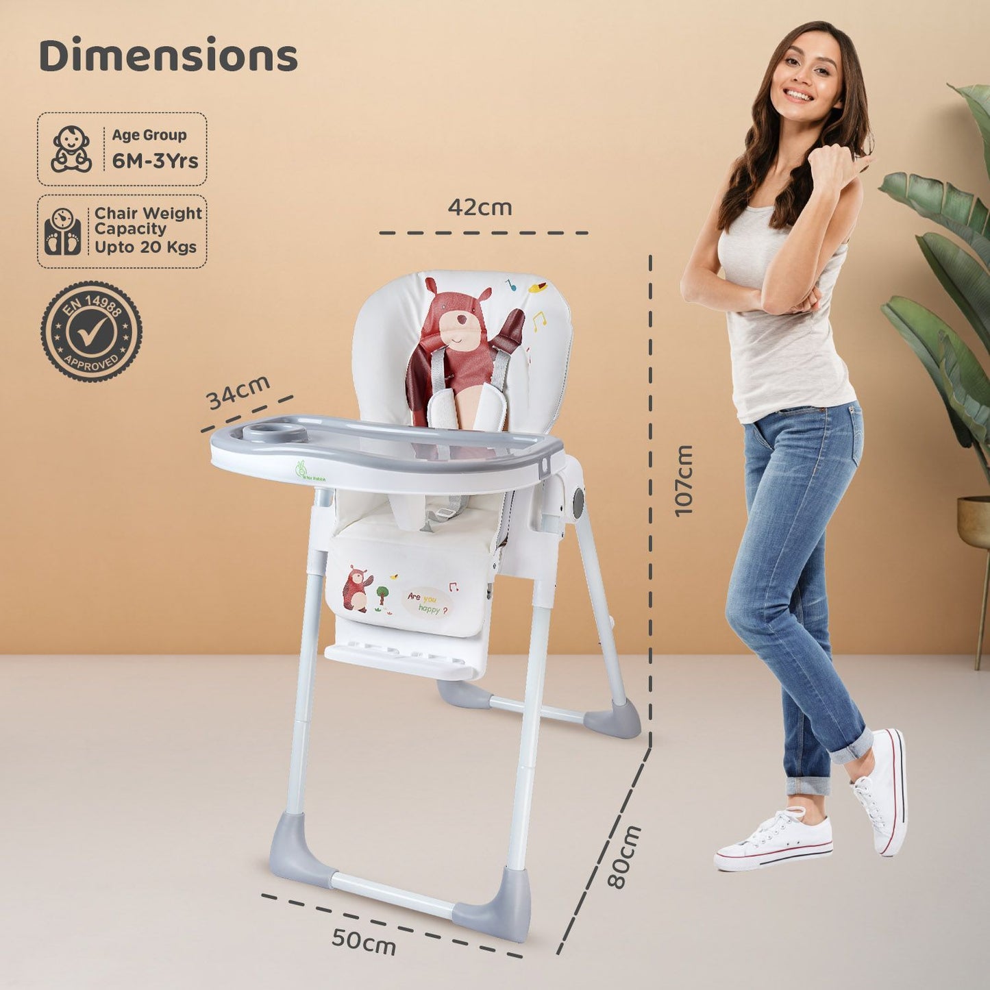 R for Rabbit Marshmallow Lite High Chair - 6 Level Height Adjustment, 3 Recline Modes, Adjustable & Removable Meal Tray Grey