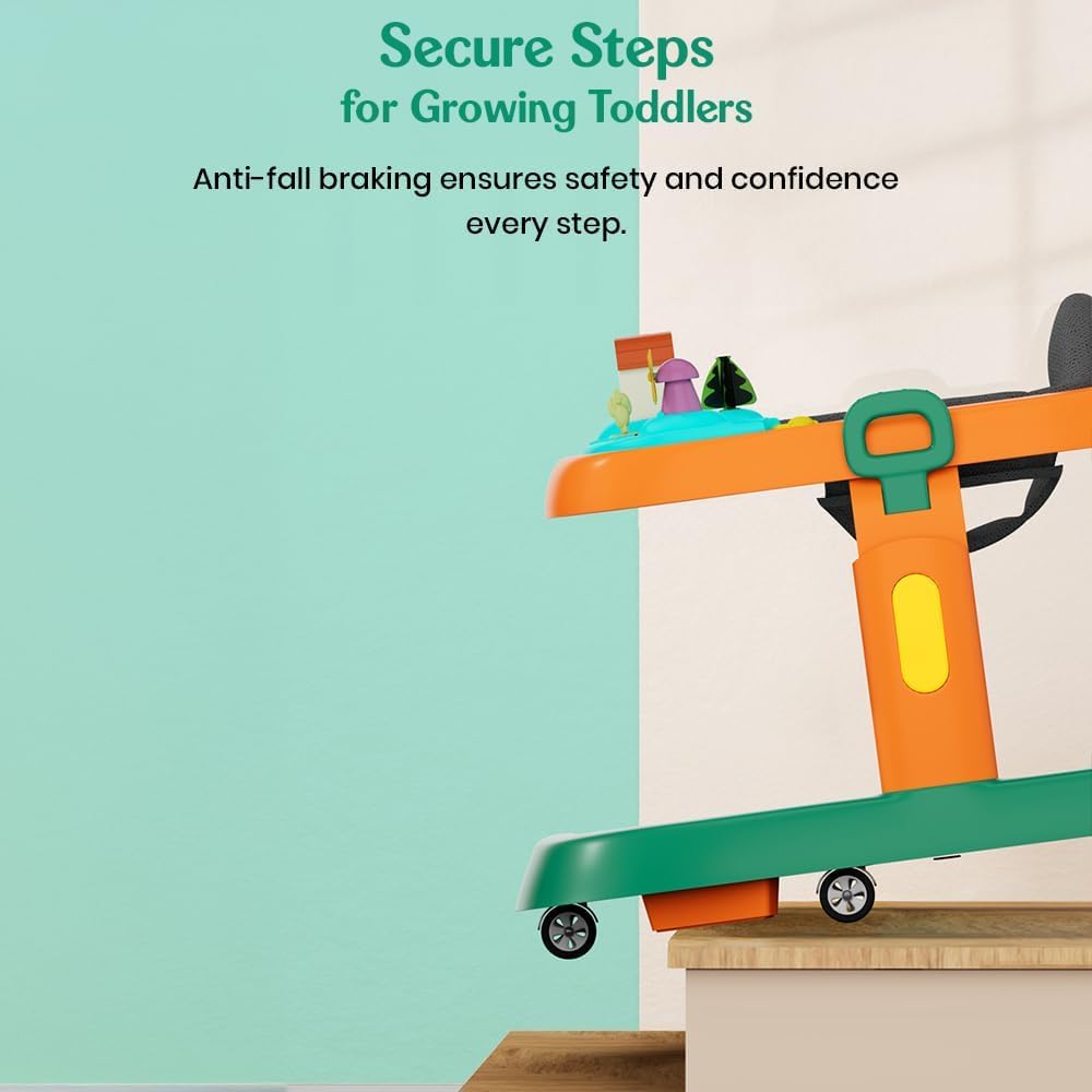 StarAndDaisy Elegant Baby Walker 6-18 months / Walker For Kids With Anti Fall Brake Pads,3 Speed Height Adjustment,Multi-Level Seat Adjustment,Recreational Music Toy Bar (Elegant Orange & Green)