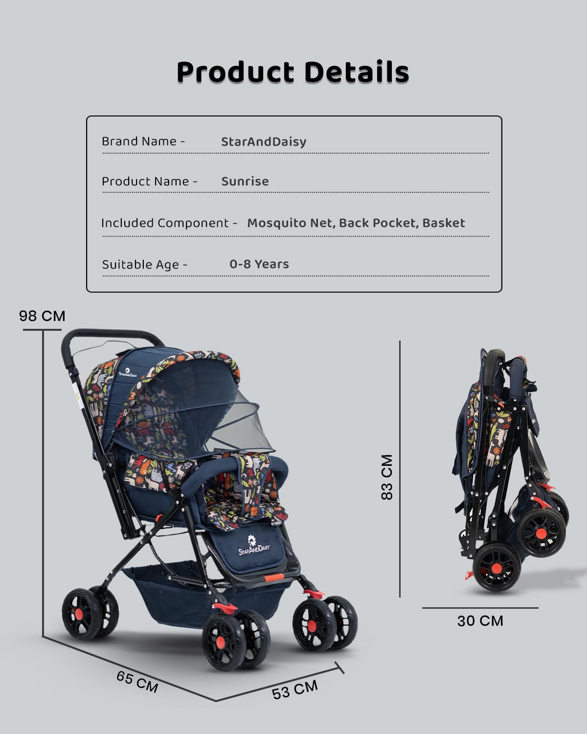 StarAndDaisy Sunrise Baby Stroller Lightweight Foldable Stroller for 0-5 Years, 3-Point Safety Harness, Adjustable Backrest, 360° Swivel Wheel, Extended Mosquito Net, Reversible Handlebar, Large Storage Basket(Delta)