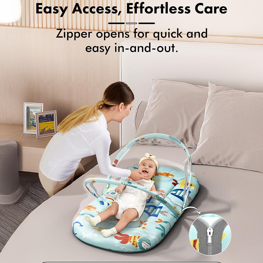 StarAndDaisy 3 in 1 Baby Mosquito net/Nest for Sleeping - Mosquito net for Newborn Baby/Soft and Comfortable Bed, Washable Cotton Design for 0-12 Months Baby -Aqua Print