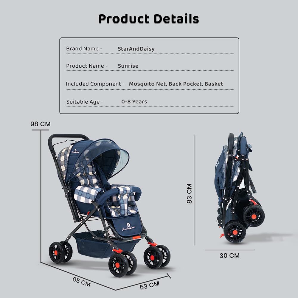 StarAndDaisy Baby Stroller for 0–3 Years, Foldable Baby Stroller/Pram with Mosquito Net, Large Storage Basket, 5 Point Safety Harness