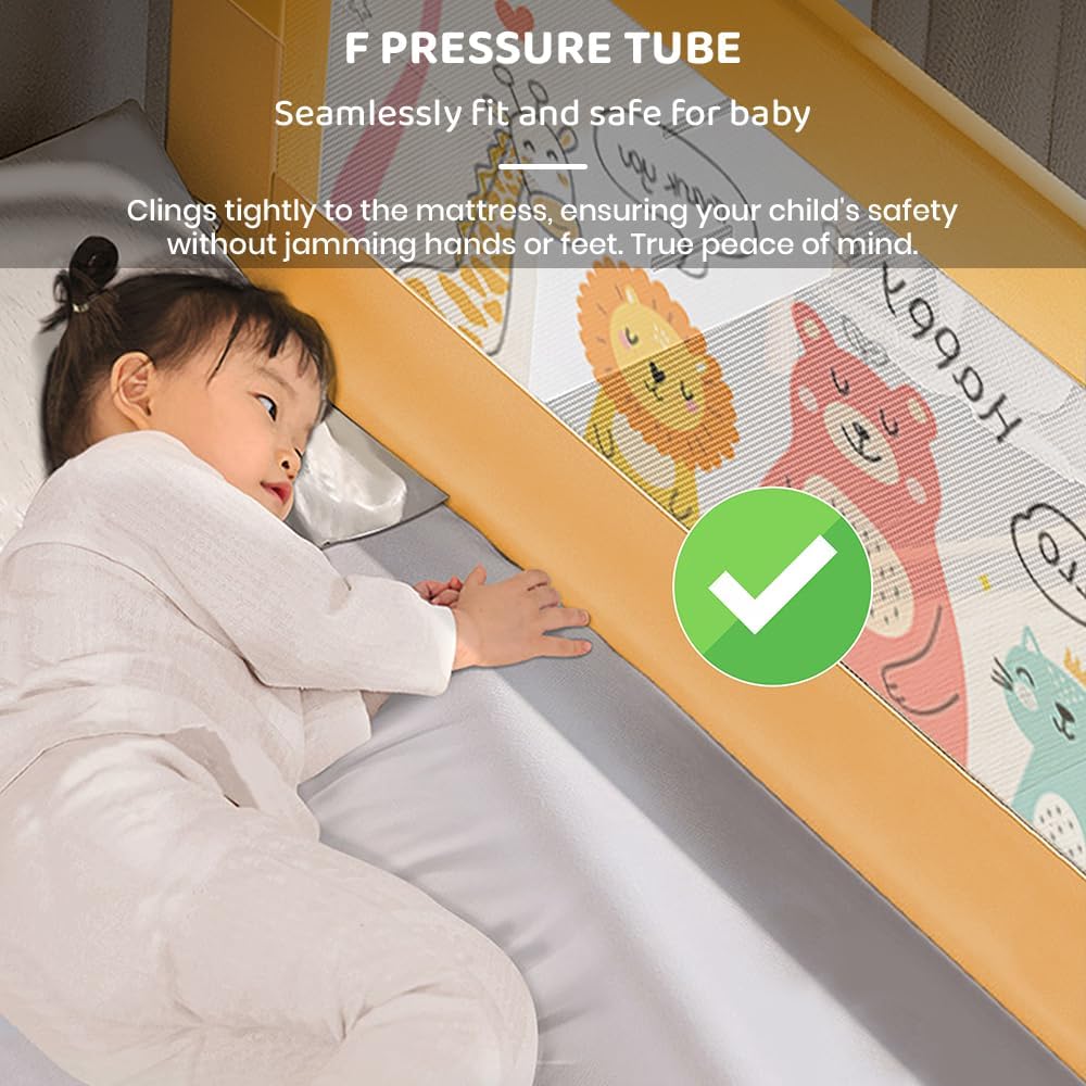 StarAndDaisy Bed Guard Rail for Baby/Kids Safety with T-Body Support Frame, Adjustable Height/Portable Single Side Bed Rail for Infant & Toddler's Safety (Printed Yellow-1.5 M)