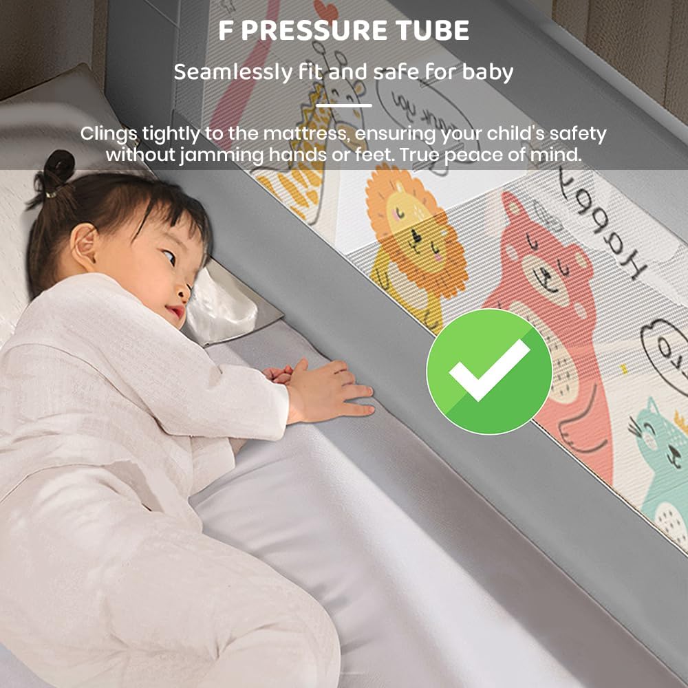 StarAndDaisy Bed Guard for Baby/Kids with T-Body Support Frame, Adjustable Height/Portable Single Side Bed Rail for Infants & Toddler's Safety (Printed Grey-1.5M)