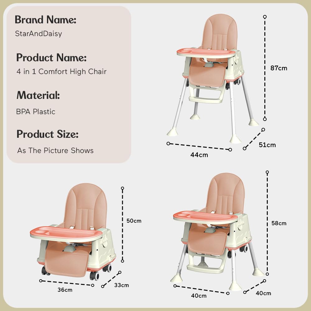StarAndDaisy High Chair for Baby/Baby Feeding Chair for 0 to 5 Years with 4 in-1 Multifunctions/High Chair with Height Adjustable, Detachable Tray & One-Hand Adjustable - Grey
