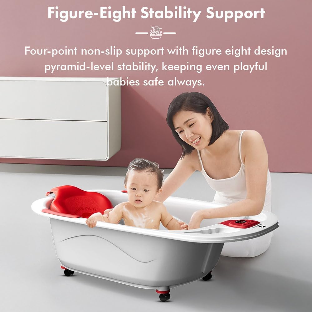 StarAndDaisy Baby Bath Tub for 0 to 5 Years/Bath Tub for Kid 0-3 Years/Infants Bathtub with Temperature Censor & Baby Bath Seat/Sling, Antislip Baby Bath Tub with Bath Chair -Red