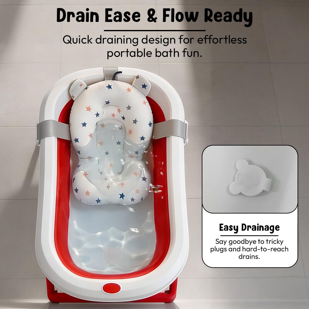 StarAndDaisy Bath Tub for Baby 0-3 Years/Foldable Bath tub for Kids with Cushion, Space Saving Design, Newborn Baby Folding Bathing Tub Girls & Boys, Easy to Store -Red