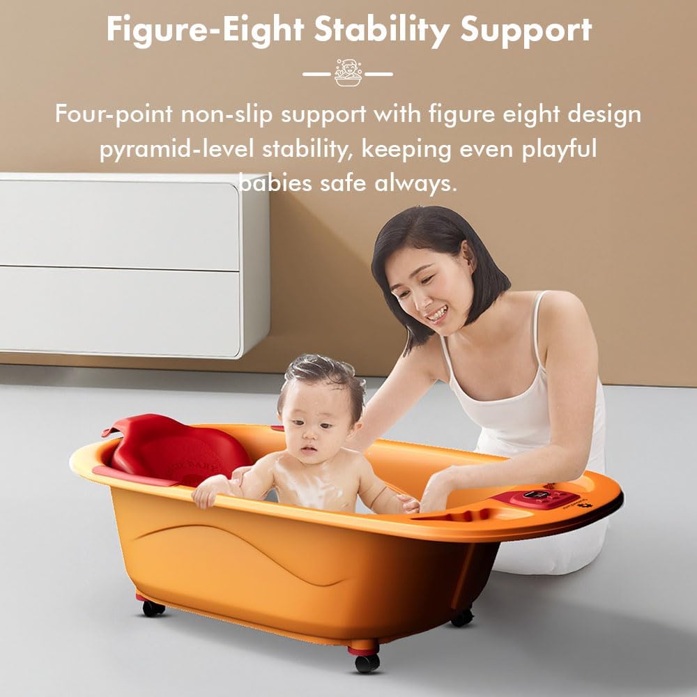StarAndDaisy Baby Bath Tub for 0 to 5 Years/Bath Tub for Kids 0-3 Years/Infants Bathtub with Temperature Censor & Baby Bath Seat/Sling, Antislip Baby Bath Tub with Bath Chair (Orange & Red)