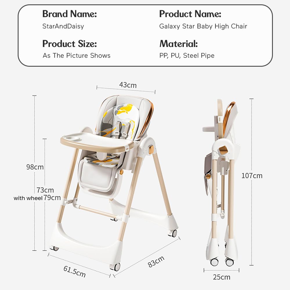 StarAndDaisy Galaxy 2 in1 Rocking Baby High Chair for Boys and Girls Dining Chair 4 Level Reclining Position, Adjustable Height, Locking Wheels, 5 Point Safety Belt (White)