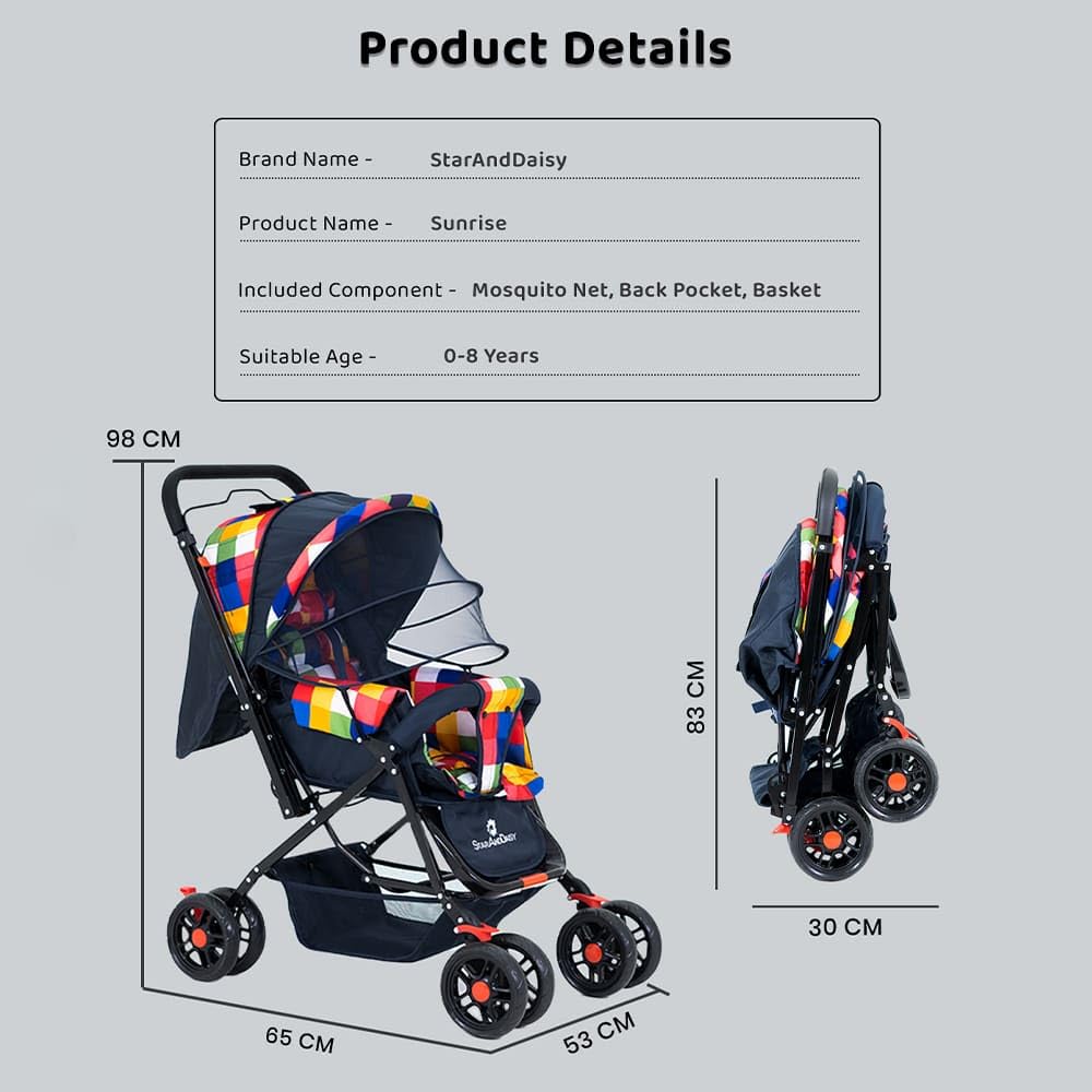 StarAndDaisy Sunrise Baby Stroller for 0-5 Years - Foldable Lightweight Pram with 3-Point Safety Harness, Adjustable Backrest, 360° Swivel Wheel, and Reversible Handlebar, Ideal for Boys and Girls (Prism)