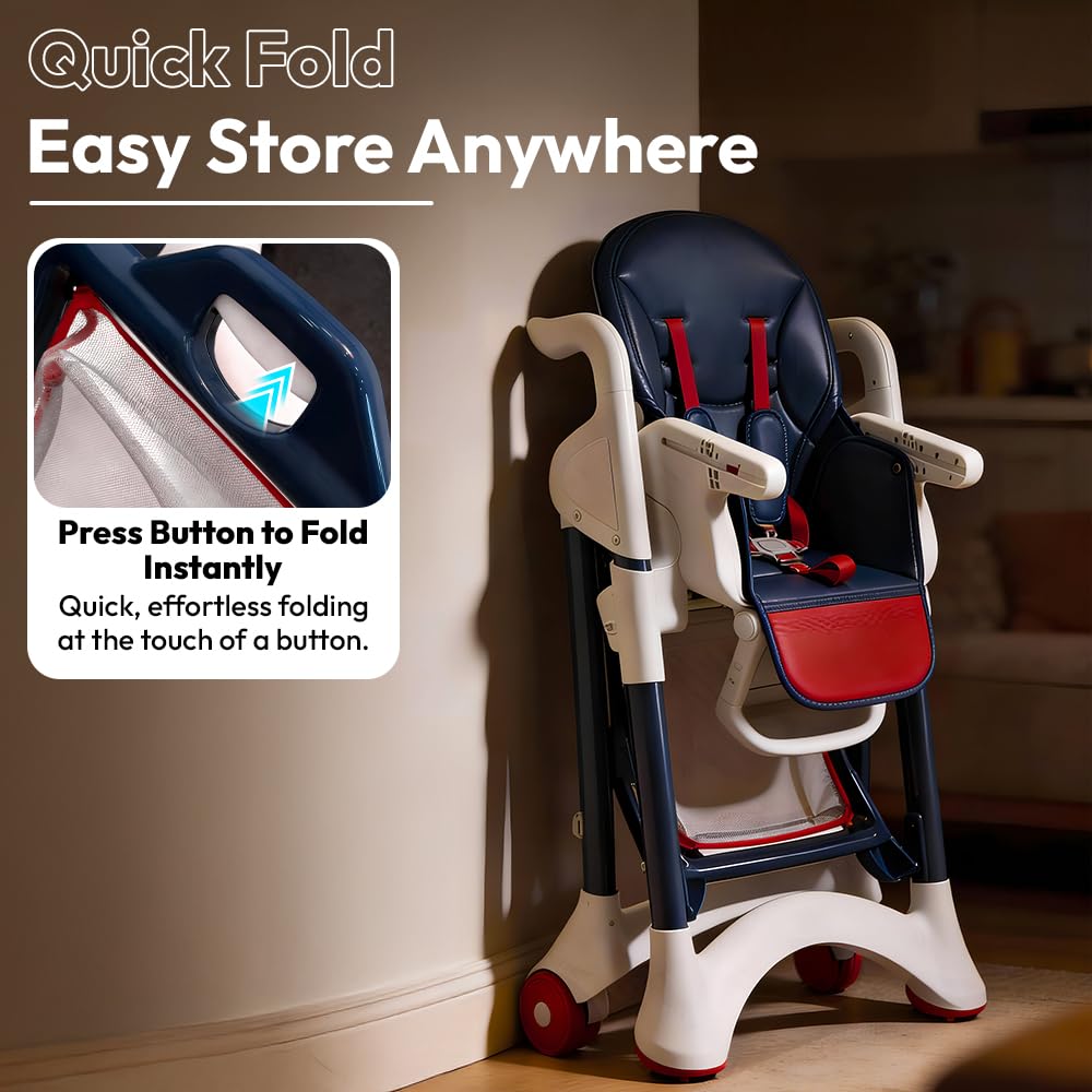 StarAndDaisy Premium Feeding Chairs 6 Months to 3 Year/ High Chair for Baby with Premium Leather Cushion / Baby Chair with 5 Level Seat & Foot Rest Adjustmnet, Height Adjustable, Detachble food Tray, One Click Foldable (Red & Blue)