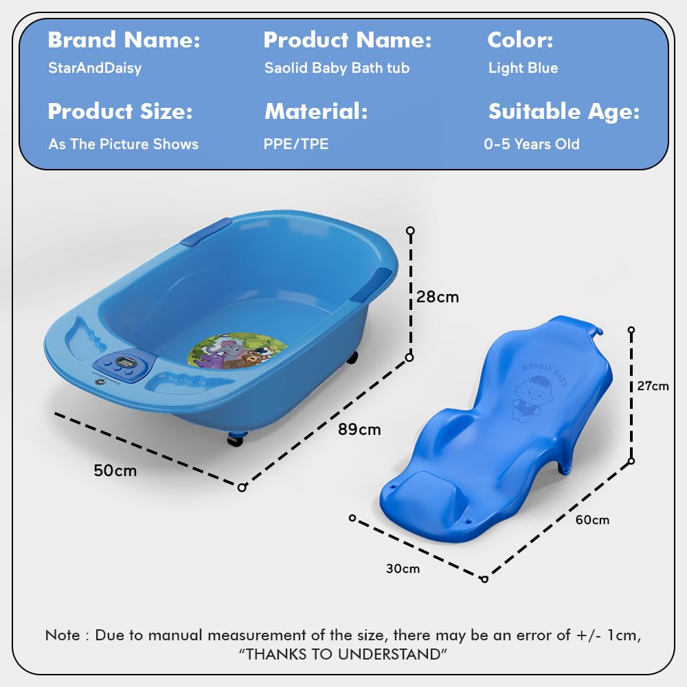 StarAndDaisy Baby Bath Tub for 0 to 5 Years/Bath Tub for Kids 0-3 Years/Infants Bathtub with Temperature Censor & Baby Bath Seat/Sling, Antislip Baby Bath Tub with Bath Chair (Light Blue)