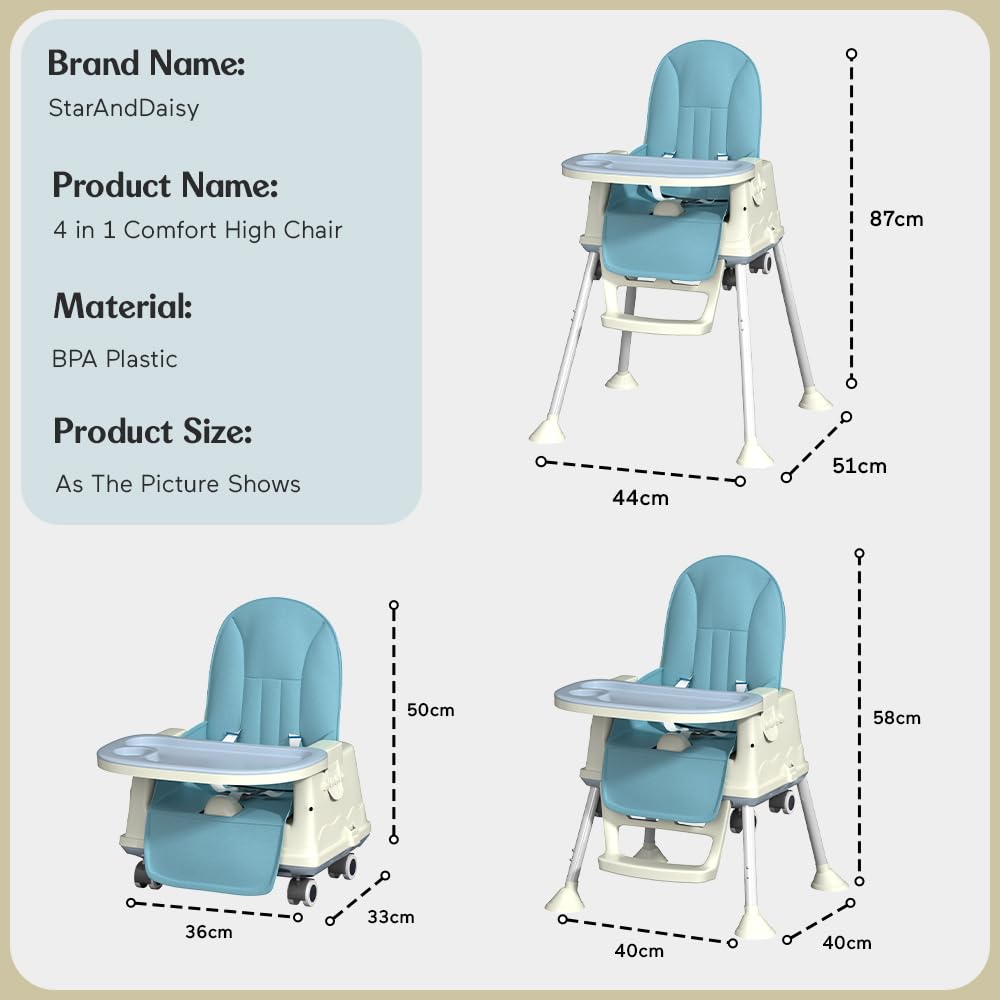 StarAndDaisy High Chair for Baby/Baby Feeding Chair for 0 to 5 Years with 4 in-1 Multifunctions/High Chair with Height Adjustable, Detachable Tray & One-Hand Adjustable -Blue