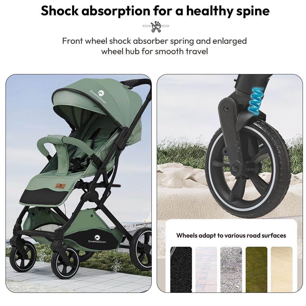 StarAndDaisy Foldable Stroller for Baby 0-3 Years Infant & Toddler / Travel Pram for Baby with Storage basket & Lockable Wheels, Multi-Level Recline & Adjustable Footrest, Removable Tray , Safety Harness Belt -Green