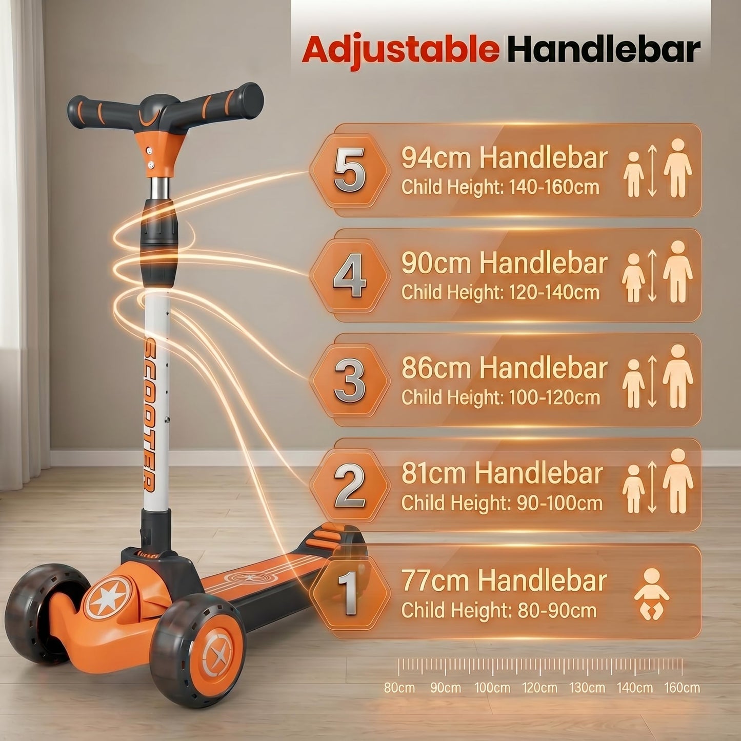 StarAndDaisy kick Scooter for Kids 3-12 Years Boys & Girls / 3-Wheel Skae Scooter Boys & Girls with Pu Light Up LED Wheels/Skating Scooter 5 Level Adjustable Height and Easy to Fold -Orange Black