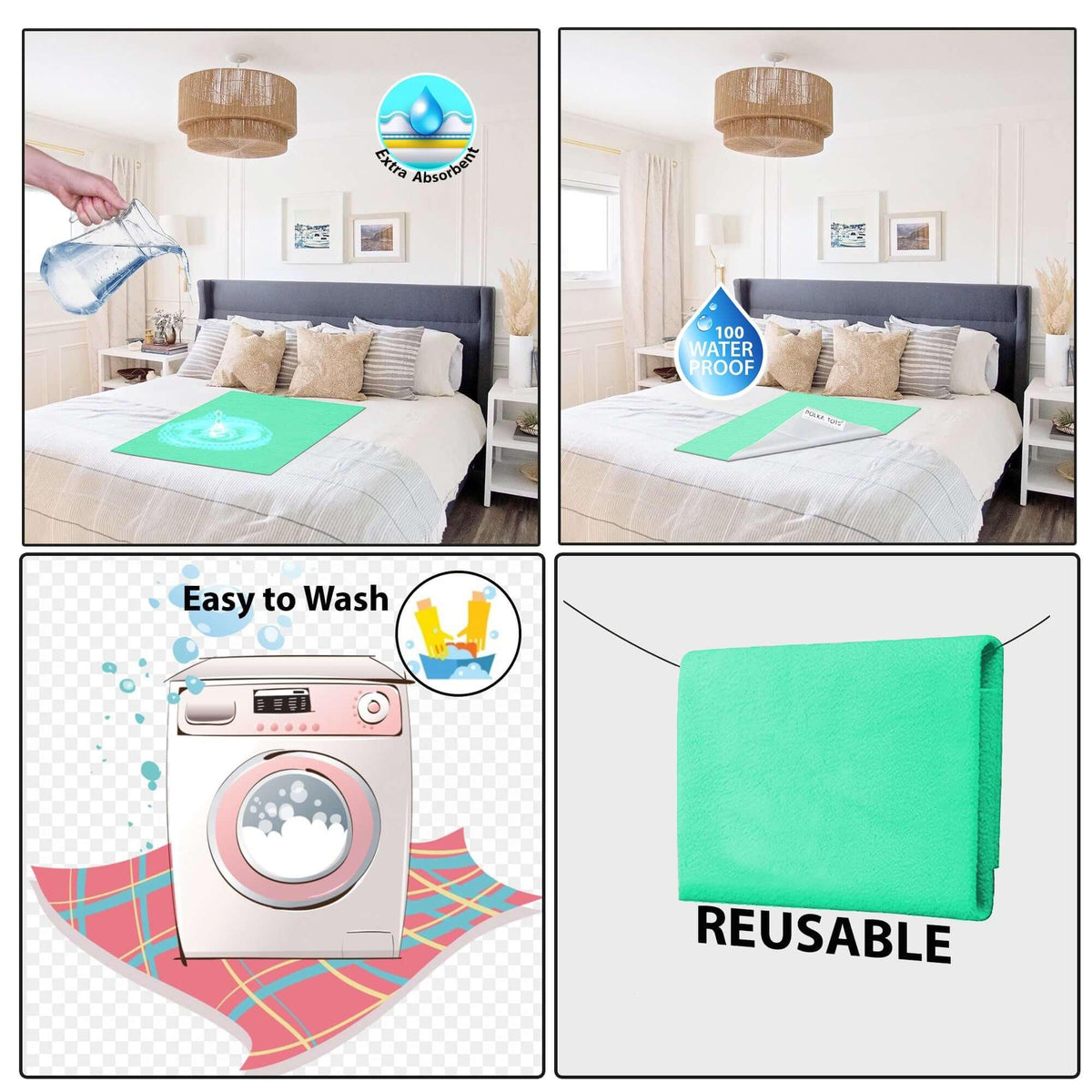 Polka Tots Velvet Mint Green Waterproof & Reusable Baby Bed Protector Absorbent Mat Dry Sheet (Medium)