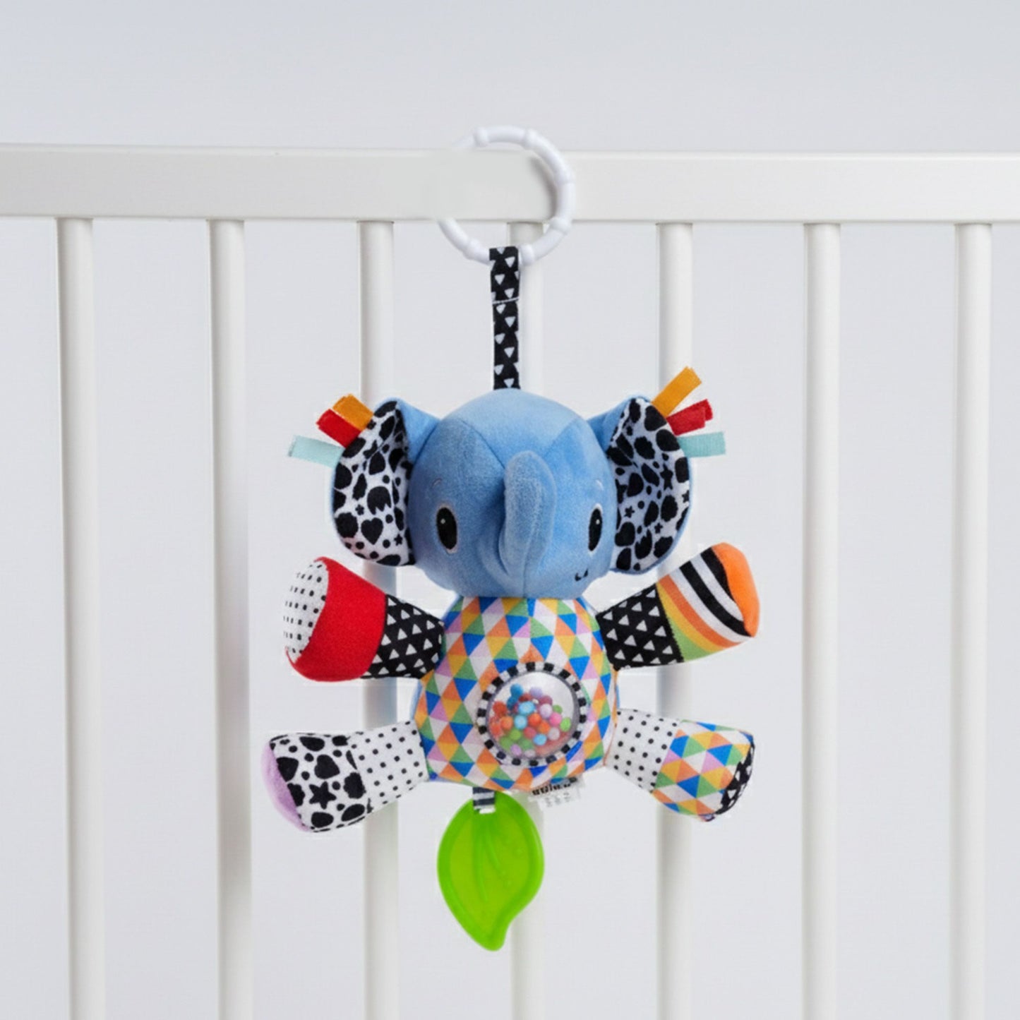 Nuluv Activity Elephant Soft Stroller Toy for Babies, Crinkle Sound, Rattle and Teether, Sensory Development Toy, Baby-Safe Activity Toy for Touch, Hearing and Teething, for Babies 3+ Months