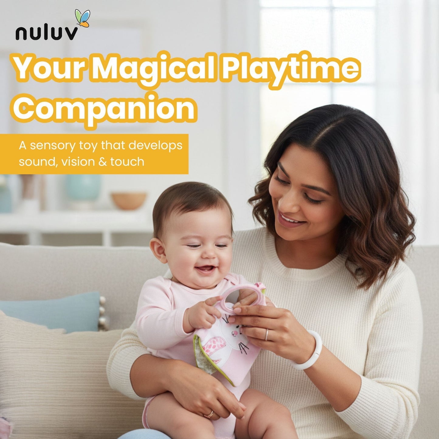Nuluv Butterfly Soft Book for Babies, Crinkle Sensory Book with Rattle Sound and Textures, Soft Touch-and-Feel Learning Book, Baby-Safe Activity Book for Early Development, for Babies 3+ Months
