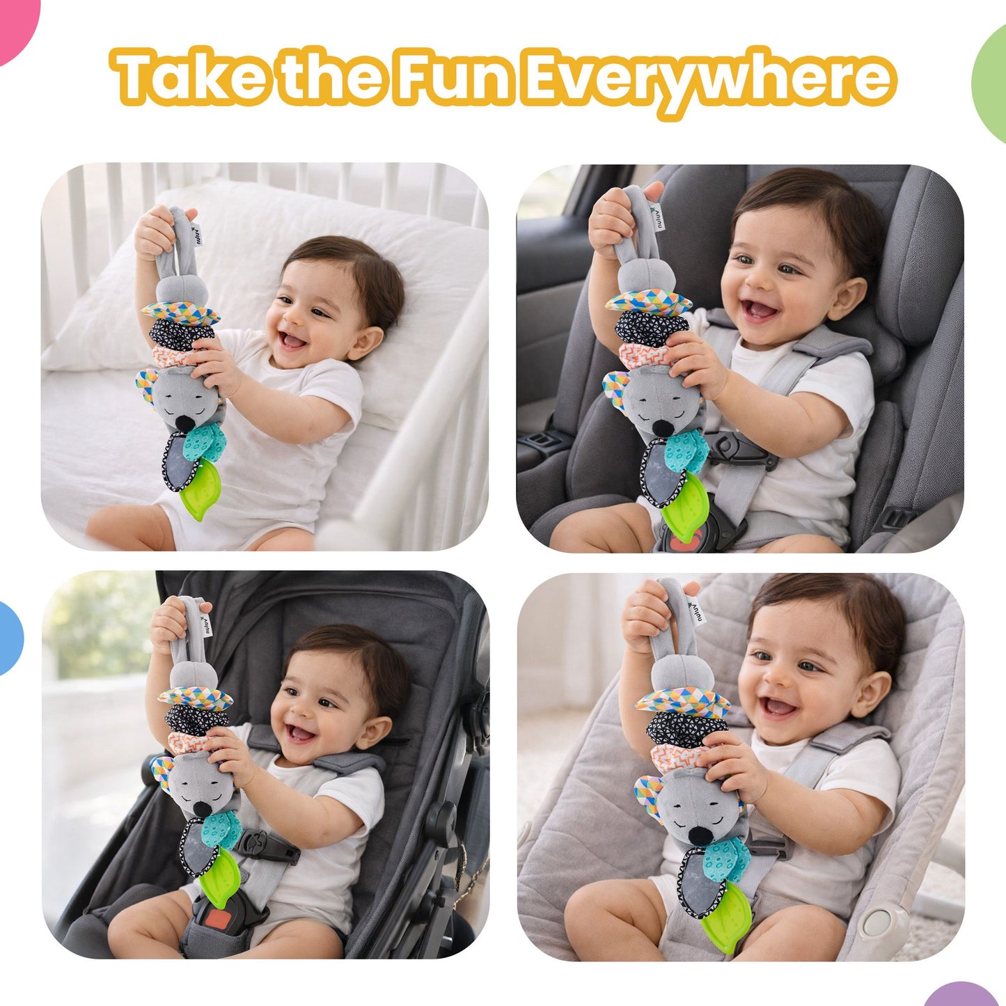 Nuluv Musical Koala Baby Stroller Toy, Soft Plush Sensory Jitter Toy with Music, Teether & Crinkle Ears, Calming Bedtime Companion, Soothing Sound & Vibration, for Babies Aged 3+ Months