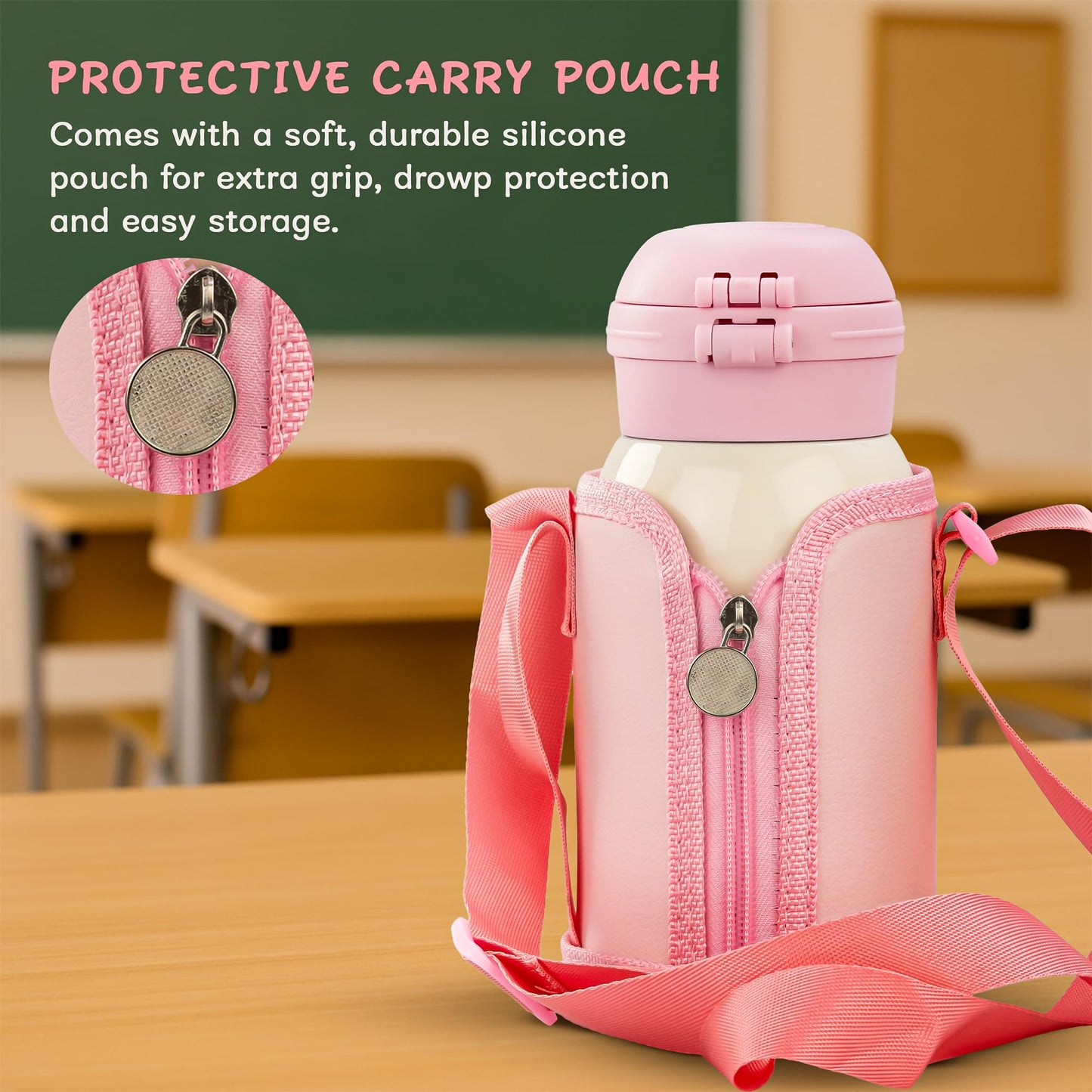 Baybee 2 in 1 PandaPlunge Baby Sipper Bottle with Straw for Kids | Leak Proof Sipper Water Bottle with Carry Pouch & Adjustable Strap | BPA Free & Non-Toxic with 550ml Capacity | Drinking Water Bottle for School Kids Boys Girls (Pink)