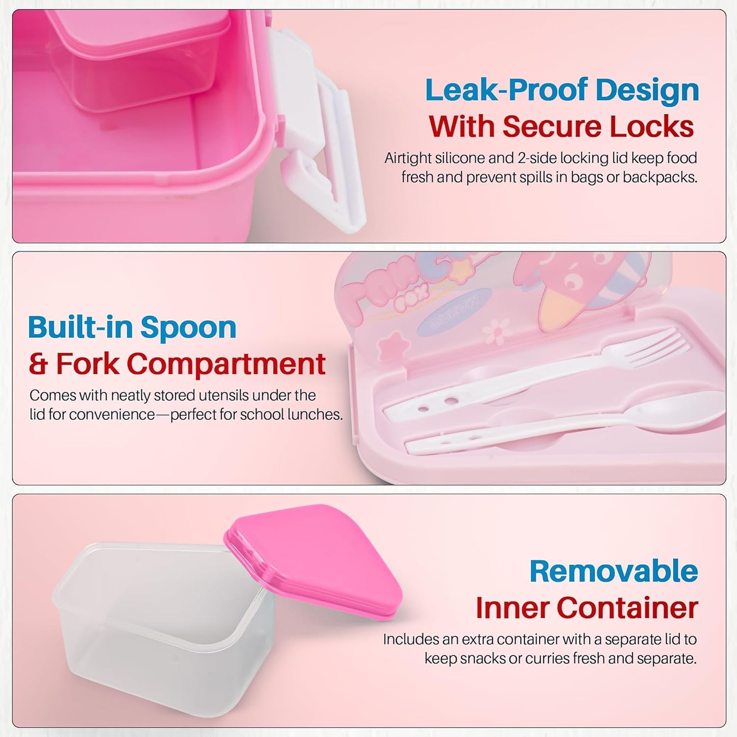 BAYBEE Zigzo Kids Lunch Box 900ml with Spoon & Fork | BPA -Free, Food Grade Bento Box with Lock Lid, Removable Inner Container | Freezer & Dishwasher Safe Tiffin Box for School Boys Girls (Pink)