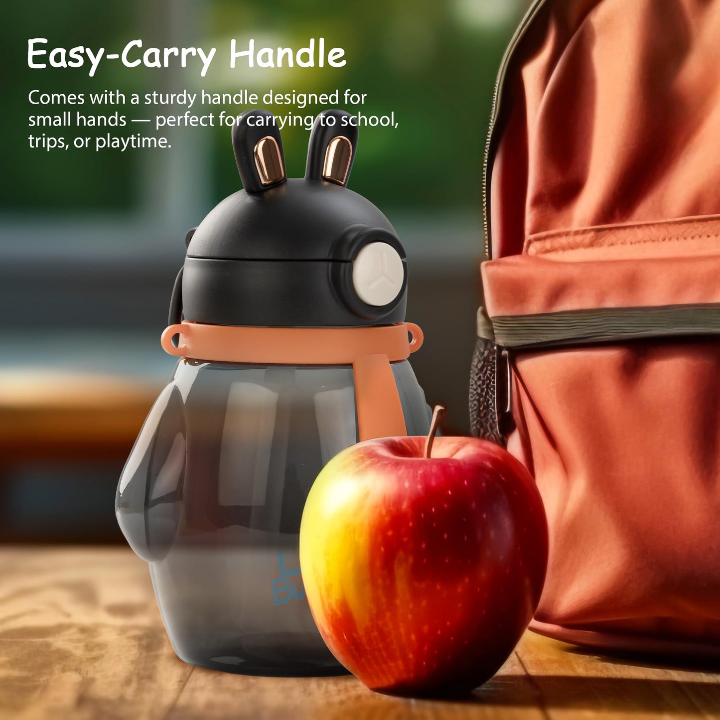 Baybee Lovely Bunnies Kids Water Bottle 600ml | BPA Free & Leakproof Safe Sipper Bottle with Straw | Cute Rabbit Design Smooth Sipping with Handle & Neck Strap,Flip Lid for School Kids & Babys (Black)