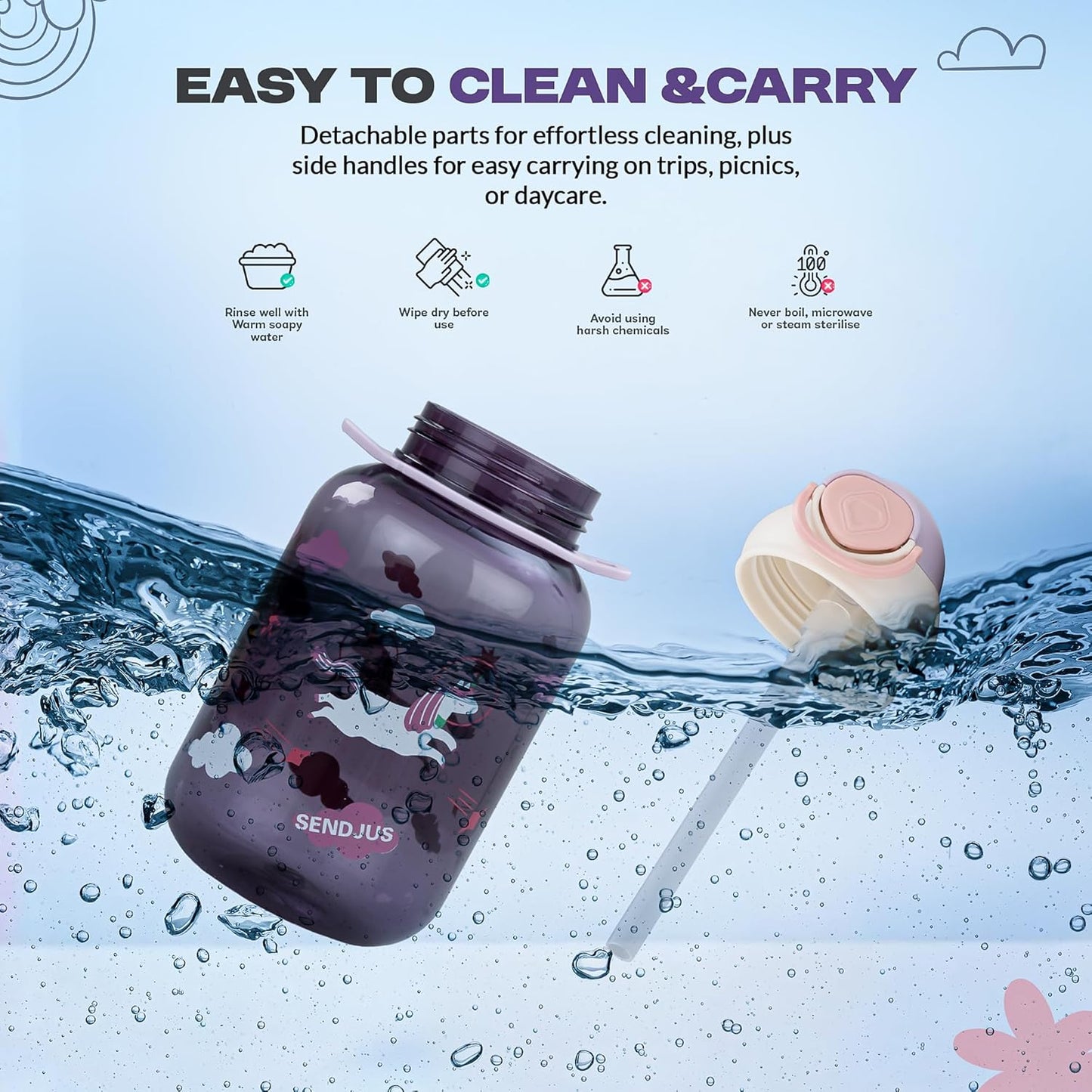 Baybee Univio Baby Sipper Bottle for Kids | Drinking Water Bottle for School Kids with Soft Silicone Straw & Adjustable Strap | Leak Proof BPA-Free 750ml Sippy Water Bottle for Kids,Boys Girls(Purple)