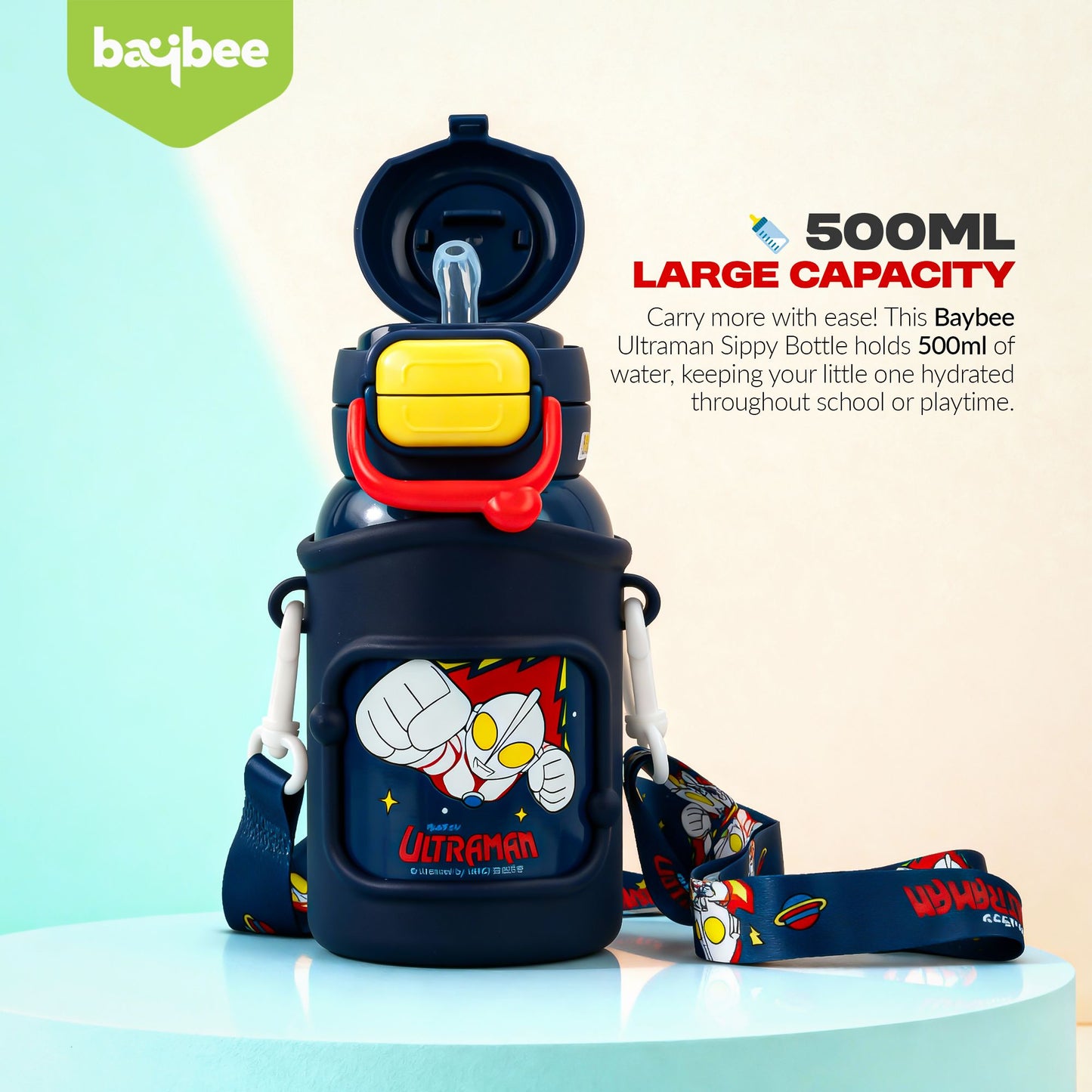 Baybee 2 in 1 Ultraman Baby Sipper Water Bottle with Straw for Kids | BPA- Free 500ml Stainless Steel Sipper Water Bottle with Carry Pouch & Adjustable Strap | Leak Proof Drinking Sippy Bottle for Babies & Toddlers (Blue)