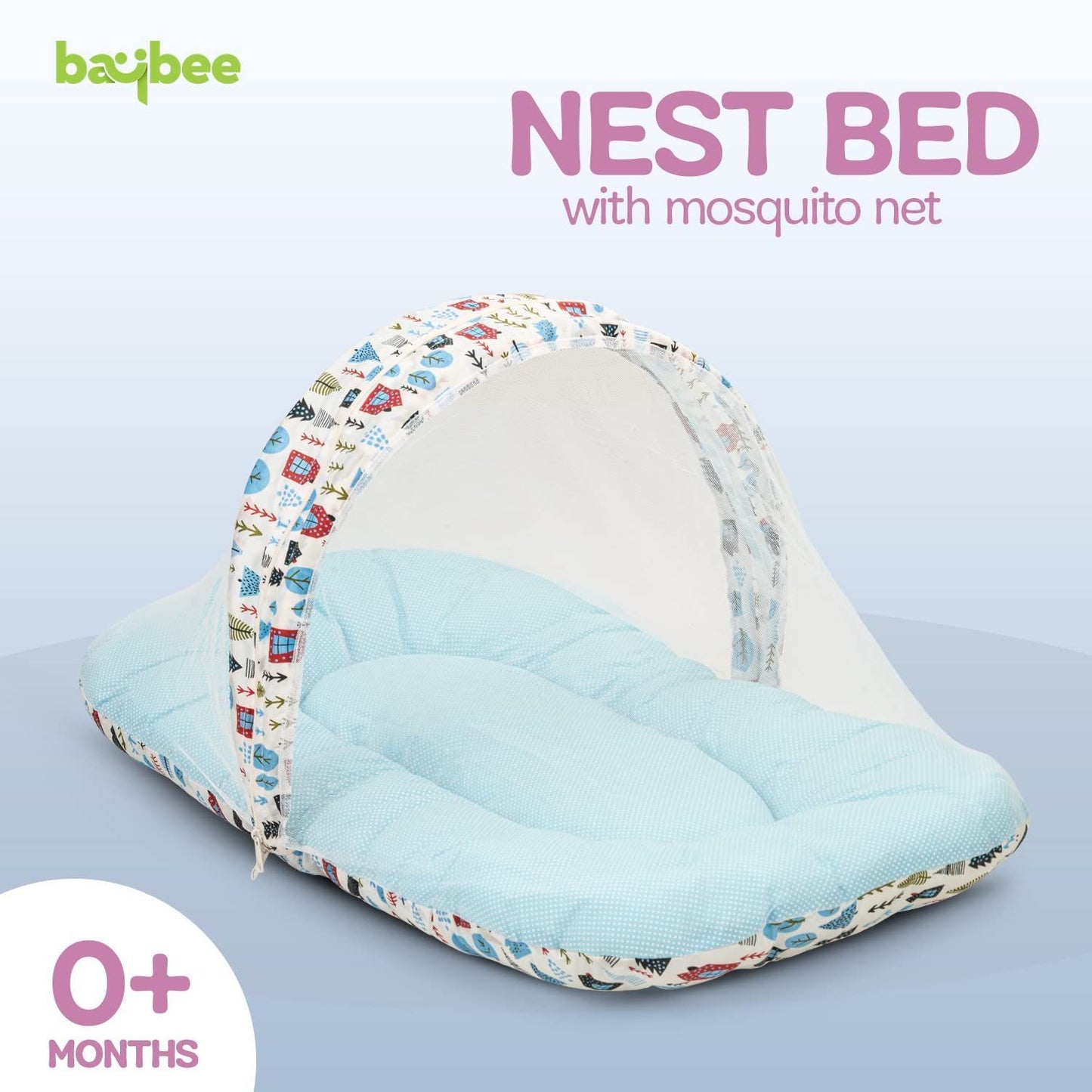 Baybee Baby Bedding Set for New Born Baby, Bed Mattress with Mosquito Net, Neck Pillow & 2 Bolsters Sleeping Nest Travel Bed for Baby Infant Toddler Bed Set for Baby Boy Girl 0-6 Months Blue