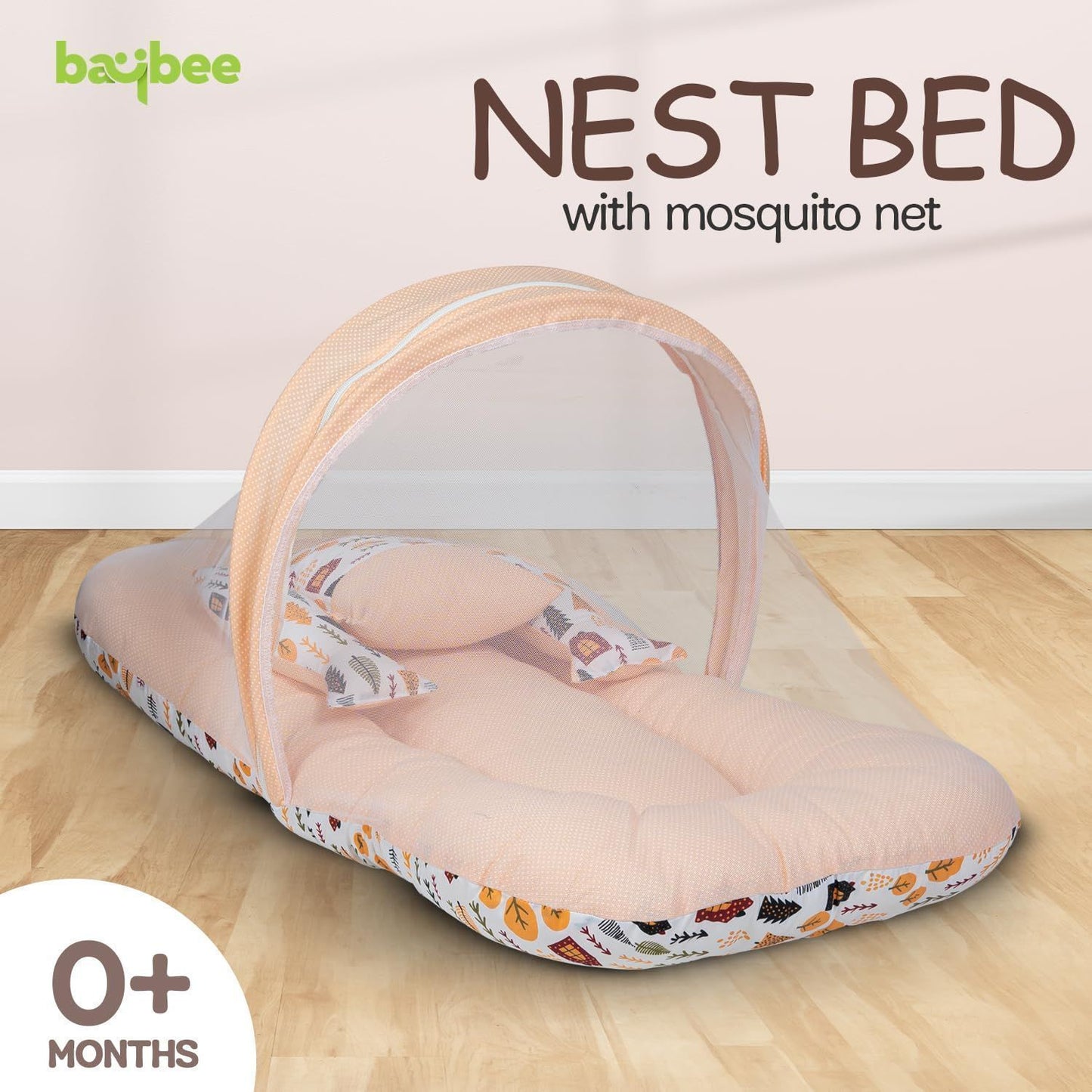 Baybee Baby Bedding Set For New Born Baby,Bed Mattress Mosquito Net,Neck Pillow & 2 Bolsters Sleeping Nest Travel Bed Infant Toddler Boy Girl 0-6 Months (Light Orange) - Cotton