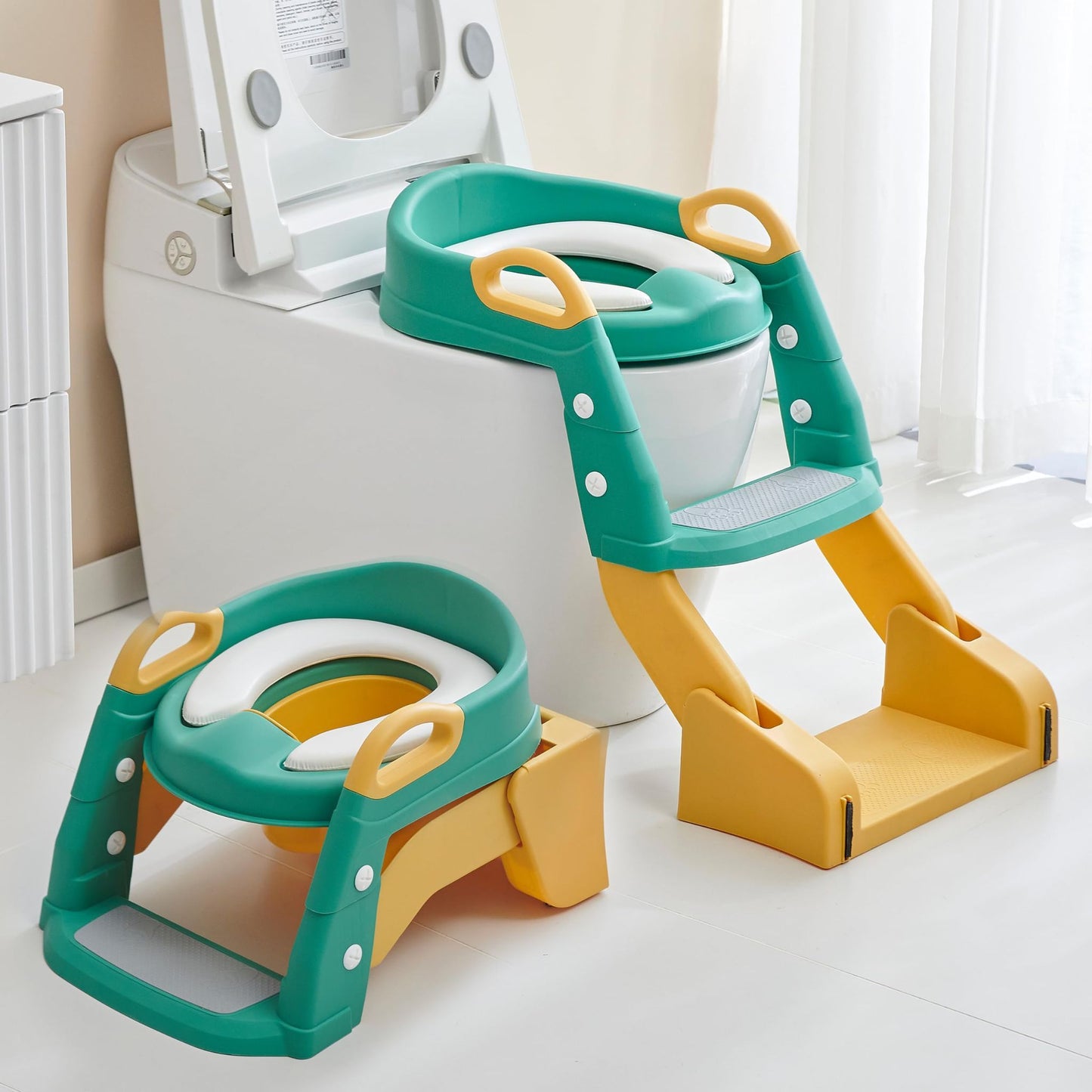 Baybee Vega 3 In 1 Western Toilet Potty Seat for Kids - Baby Potty Training Seat Chair with Splash Guard - Handle - Ladder & Cushion Seat (Green)