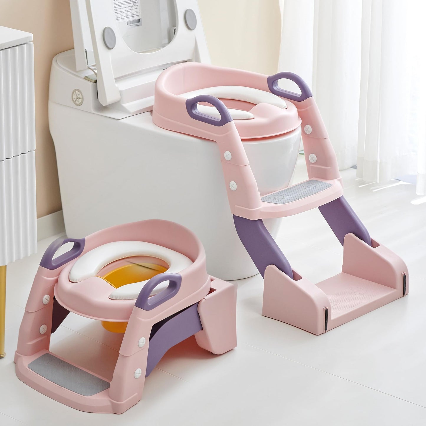 Baybee Vega 3 In 1 Western Toilet Potty Seat for Kids - Baby Potty Training Seat Chair with Splash Guard - Handle - Ladder & Cushion Seat (Pink)