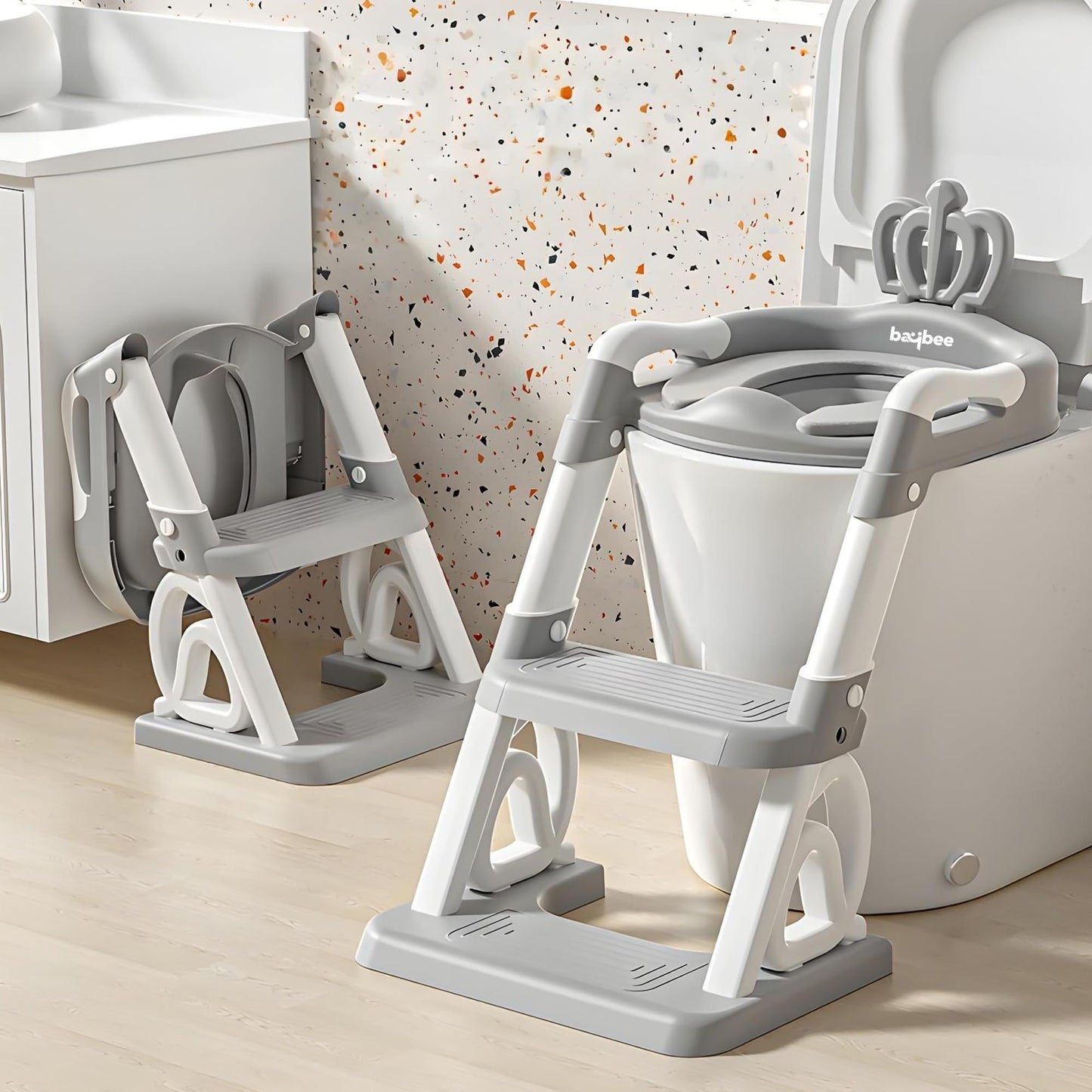 Baybee Crown Western Toilet Potty Seat for Kids - Baby Potty Training Seat Chair with Ladder - Adjustable Step Height - Cushion Seat - Toddler Potty Seat for Toilet (Grey)