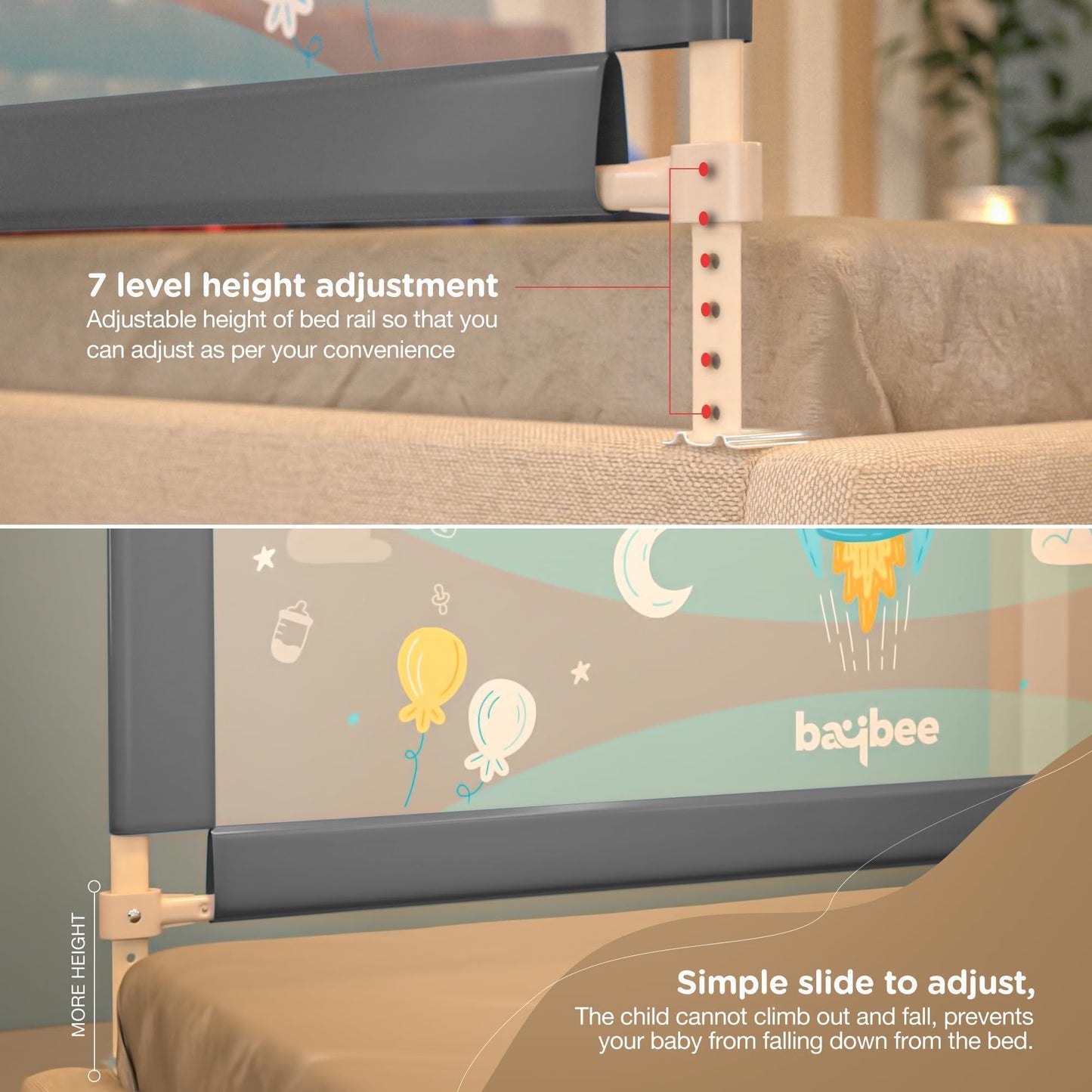 BAYBEE Baby Bed Rails Guard Barrier for Baby Kids Safety - Foldable Bed Rail Falling Protector Fence with 7 Adjustable Height (180x63 cm - Grey) - (Color & Design May Vary)