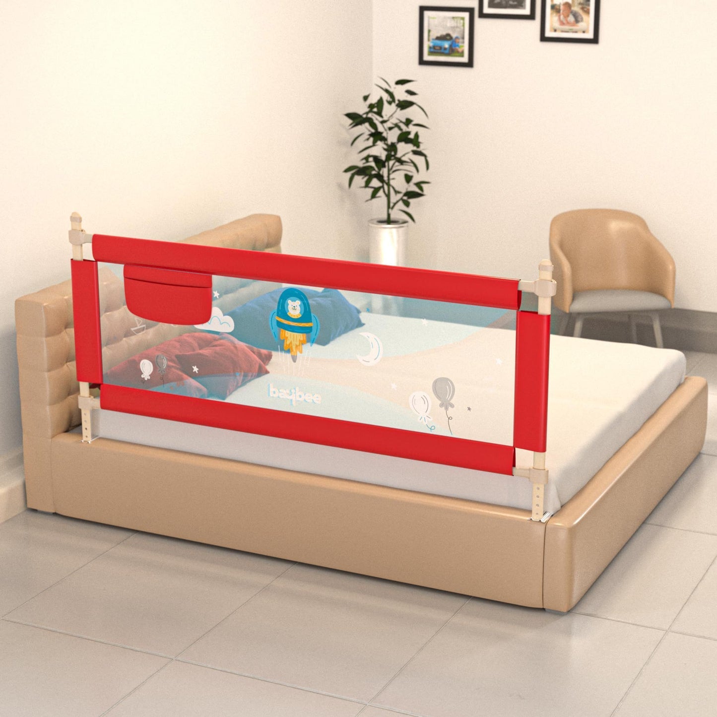 BAYBEE Baby Bed Rails Guard Barrier for Baby Kids Safety - Foldable Bed Rail Falling Protector Fence with 7 Adjustable Height (180x63 cm - Red) - (Color & Design May Vary)
