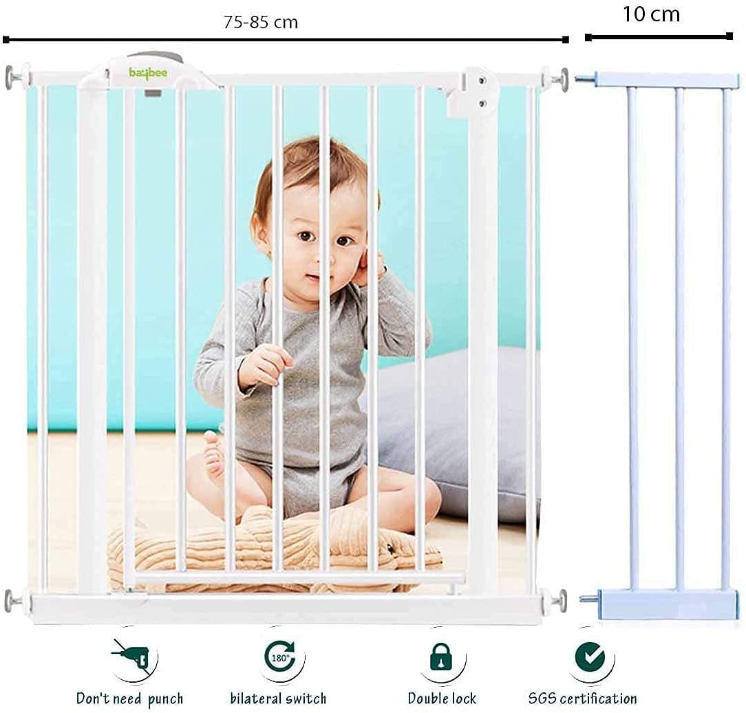 Baybee Auto Close Baby Safety Gate, Durable Staircase Kids Safety Baby Fence Dog Gate Barrier with Easy Walk Child Gate | Baby Gate for Home, Doorways, Stairs | Safety Gate for Kids (White+10Cm)