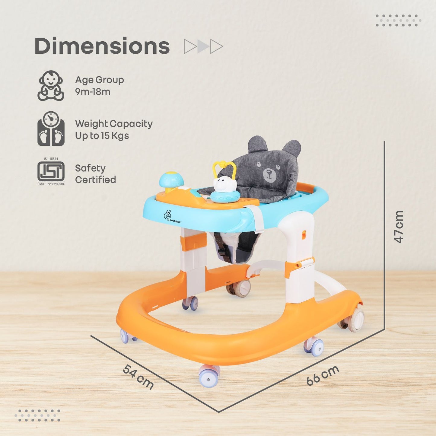 R for Rabbit Little Feet Sportz Baby Walker 2-In-1 Walker Turn Push Walker With Detachable Toy Bar With Meal Tray Orange Blue
