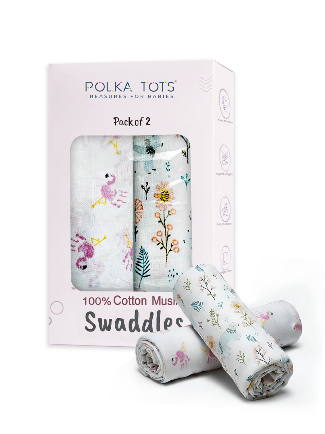 Polka Tots White Flamingo Fingers & Bloomy Bear Muslin Cotton Swaddles (Pack of 2)