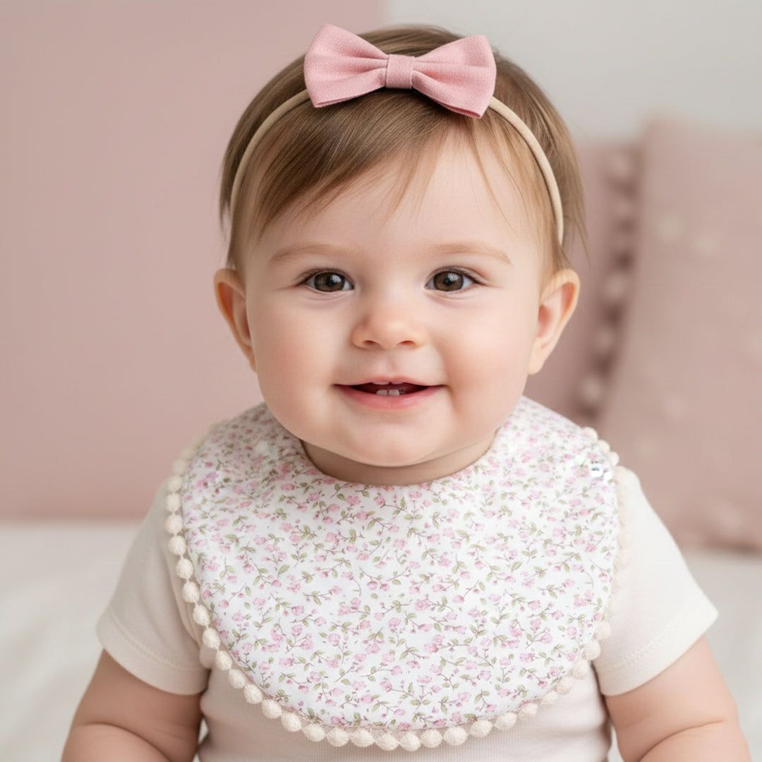 Polka Tots White Cotton Floral Bow Headband with Reversible Boho Bib (Set of 3) 12-18 Months