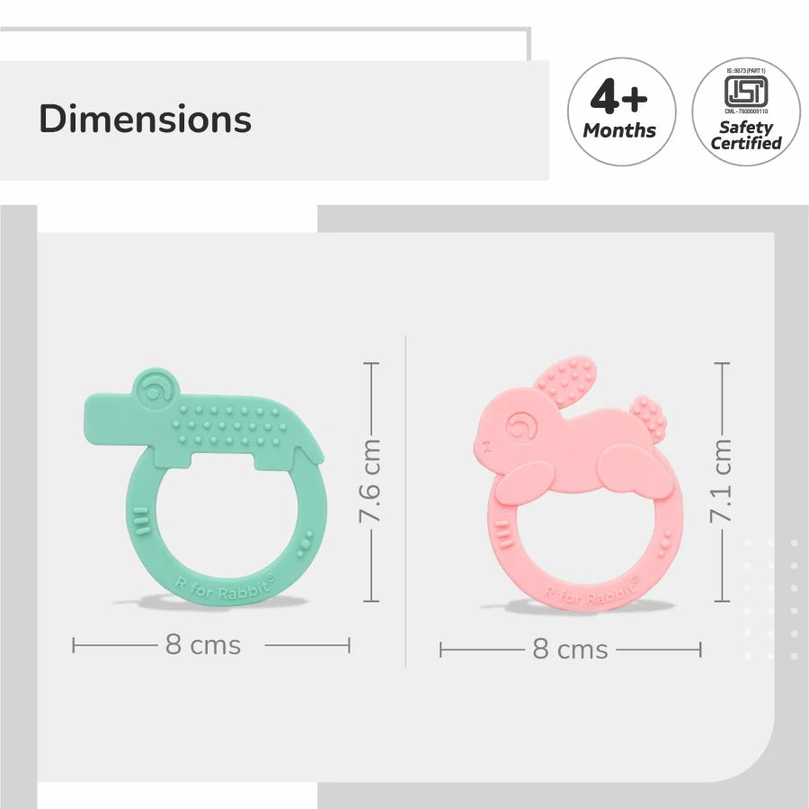 R For Rabbit Tiny Bites Zoobie Baby Silicone Teethers Pack of 2 Elephant and Rabbit, Crocodile and Rabbit, Green-Pink