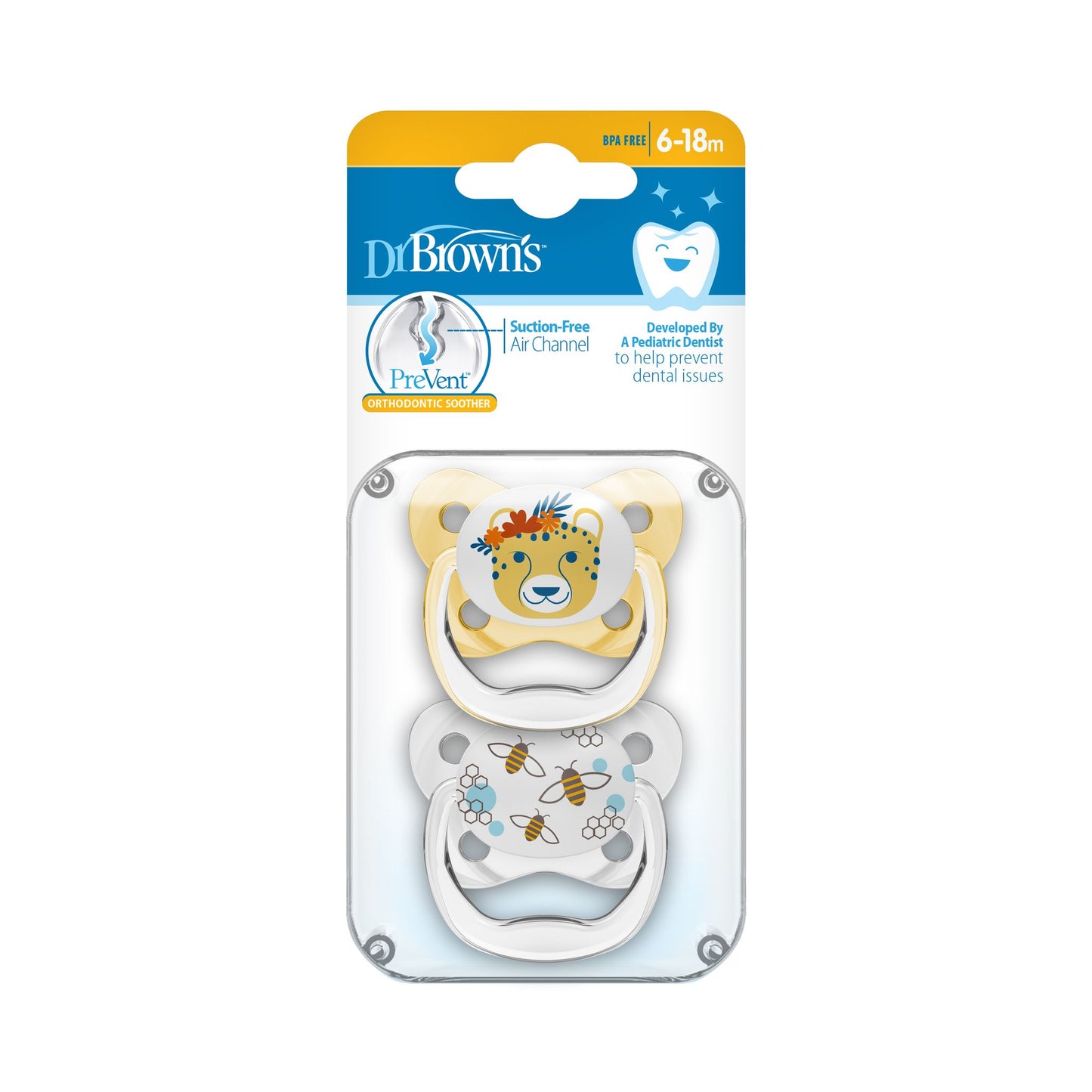 Dr. Brown's PreVent BUTTERFLY SHIELD Soother - Stage 2, Yellow, 2-Pack