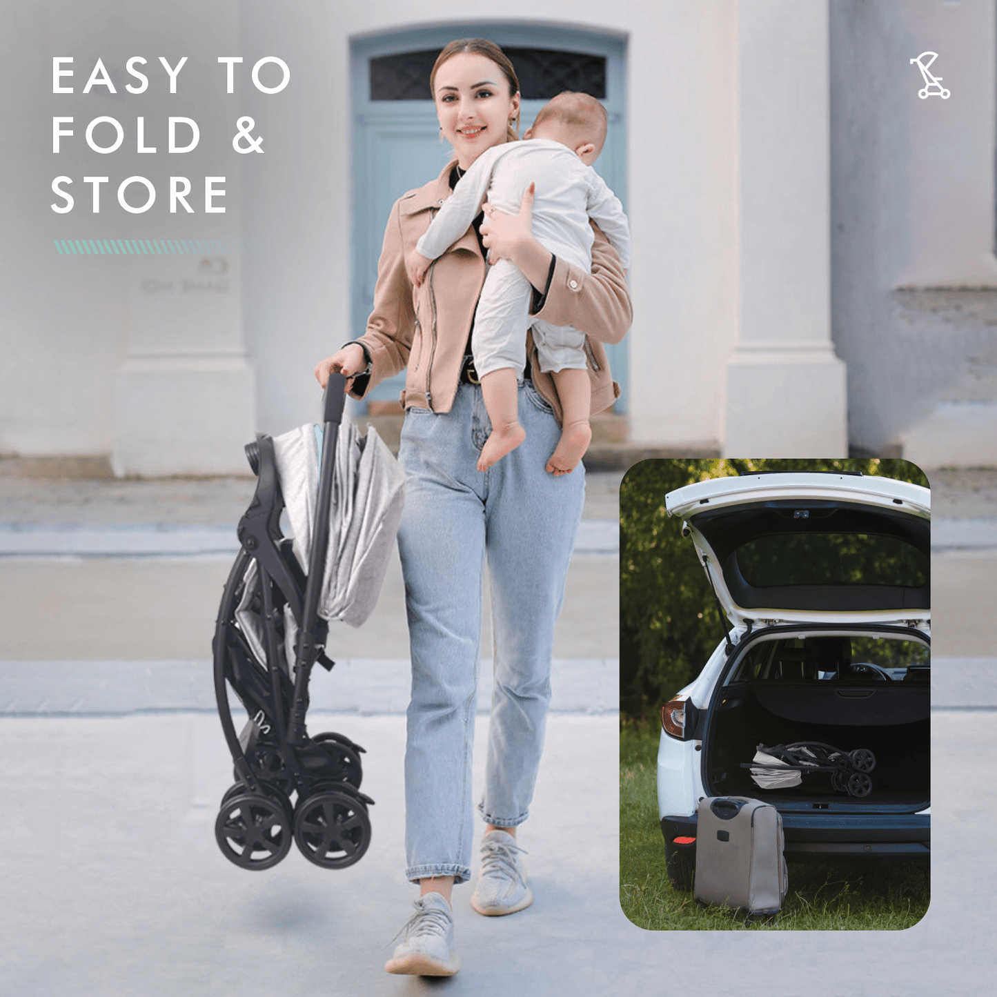 R for Rabbit Sugar Pop Stroller - 3 Position Seat Recline, Easy One Hand Fold, Reversible Handle, UV Resistant Sun Canopy Green Grey