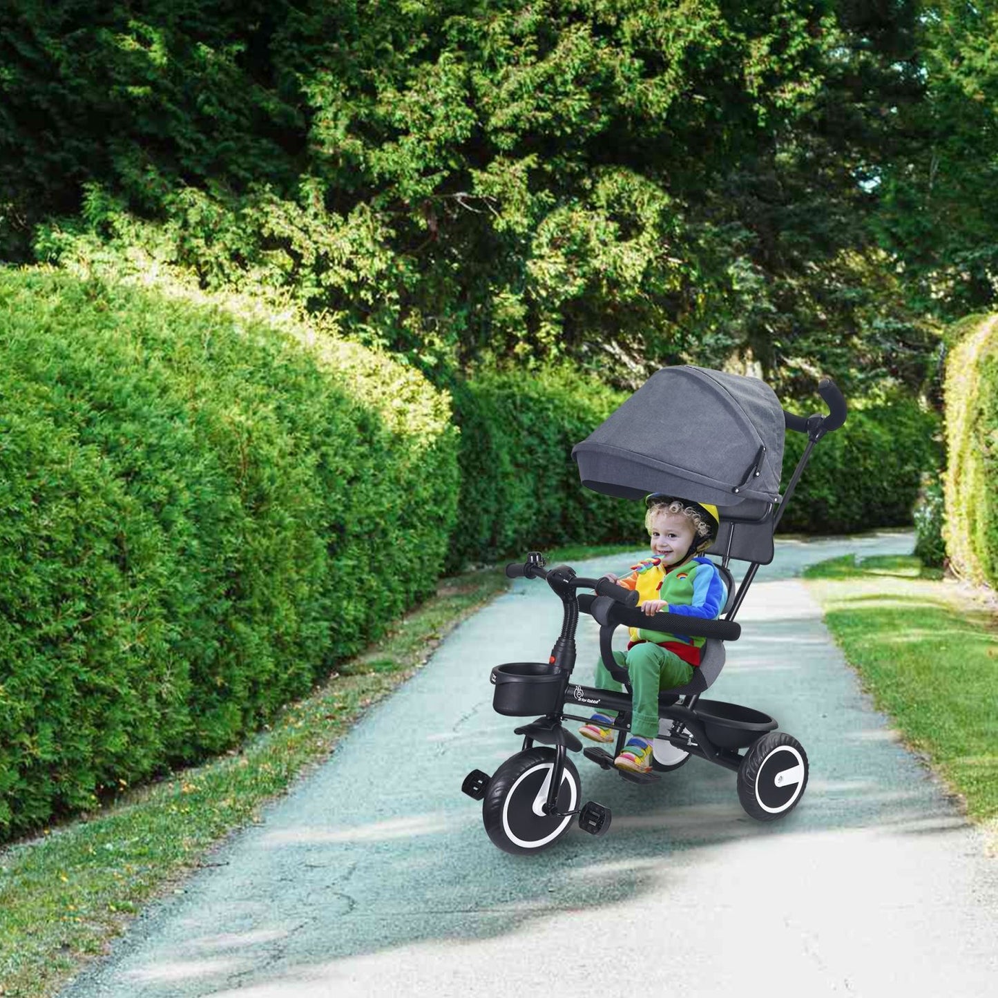 Tiny Toes T30 Ace Tricycle - 3 In 1, Adjustable Parental Control & Canopy, Front & Rear Basket Grey