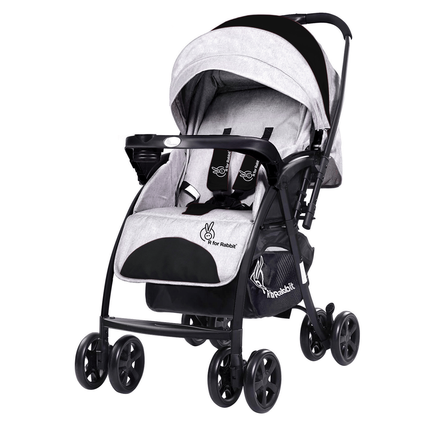 R for Rabbit Sugar Pop Stroller - 3 Position Seat Recline, Easy One Hand Fold, Reversible Handle, UV Resistant Sun Canopy Black Grey