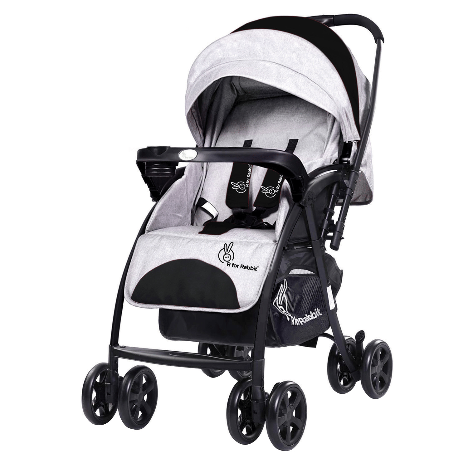 R for Rabbit Sugar Pop Stroller - 3 Position Seat Recline, Easy One Hand Fold, Reversible Handle, UV Resistant Sun Canopy Black Grey