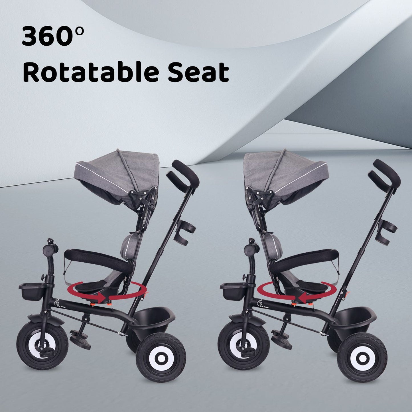R for Rabbit Tiny Toes T40 Plus Tricycle - Rubber Wheels, 360 Rotatable Seat, Adjustable Canopy, Parental Control, Front & Rear Baskets Grey Black