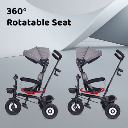 R for Rabbit Tiny Toes T40 Plus Tricycle - Rubber Wheels, 360 Rotatable Seat, Adjustable Canopy, Parental Control, Front & Rear Baskets Grey Black