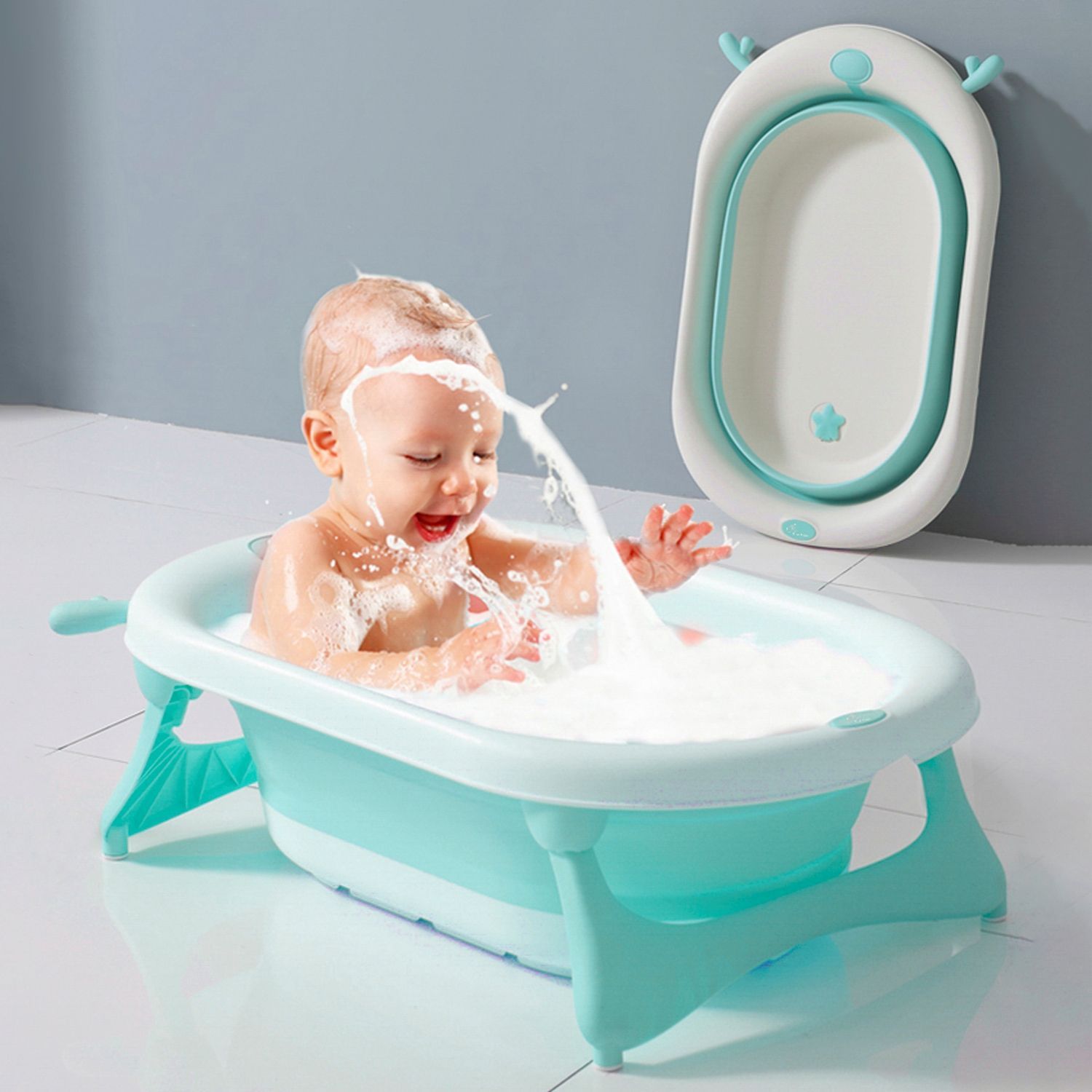 R for Rabbit Bubble Double Aqua Baby Bath Tub Compact Fold & Portable Blue