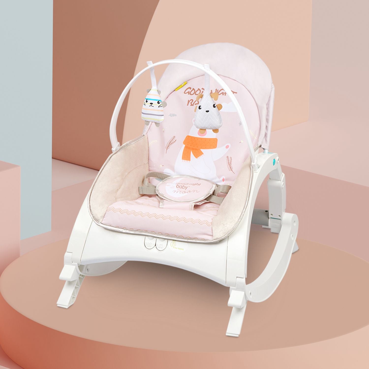 R for Rabbit 3 In 1 Rock N Play Rocker - Adjustable Backrest Recline, Detachable Toy Bar, Soothing Music & Vibration Cream Grey